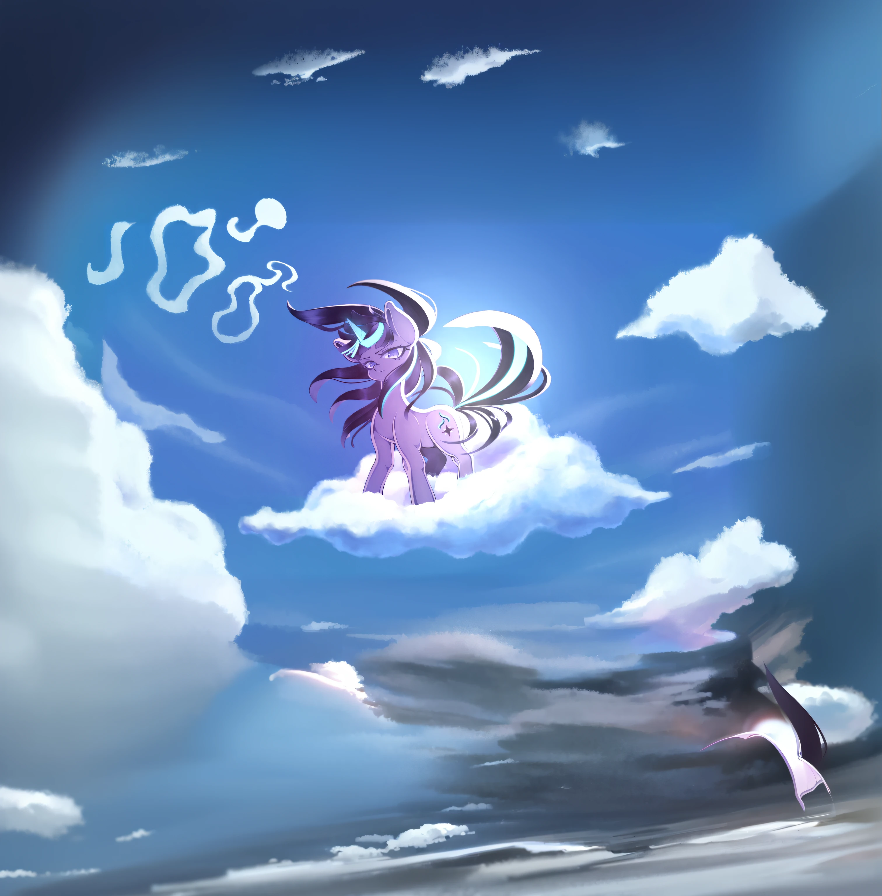 There is a photo of a pony standing on a cloud, mlp fanart, Cool twilight, Twilight Sparkle, twilight ray, Cool twilight, Fan art, Twilight ; Digital painting, aura of magic around her, High-quality fanart, the wallpaper!, mlp, with hooves and wings, windy mane, equestria, commission for high resolution, author:Joe Wende