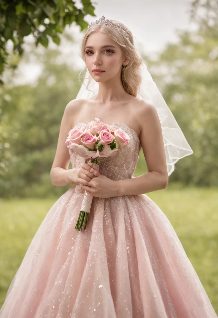 (Full body photograph of 1 blonde girl dressed as a bride with large transparent veil and pink color dress + suave e delicado + cabelos loiros)+(Vestido longo em cores brilhantes, Luz brilhante, Cabelo loiro longo e liso + Olhos brilhantes e acolhedores)+(pink petals + Brisa suave + with blue sky and white clouds + Bosques verdes e floridos)