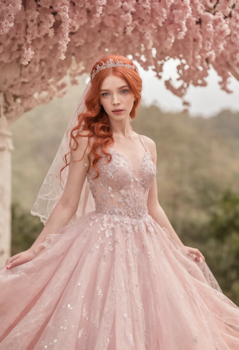 (Full body photograph of 1 red-haired girl dressed as a bride with large, transparent veil and pink color dress + suave e delicado + cabelos loiros)+(Vestido longo em cores brilhantes, Luz brilhante, Cabelo loiro longo e liso + Olhos brilhantes e acolhedores)+(pink petals + Brisa suave + with blue sky and white clouds + Bosques verdes e floridos)