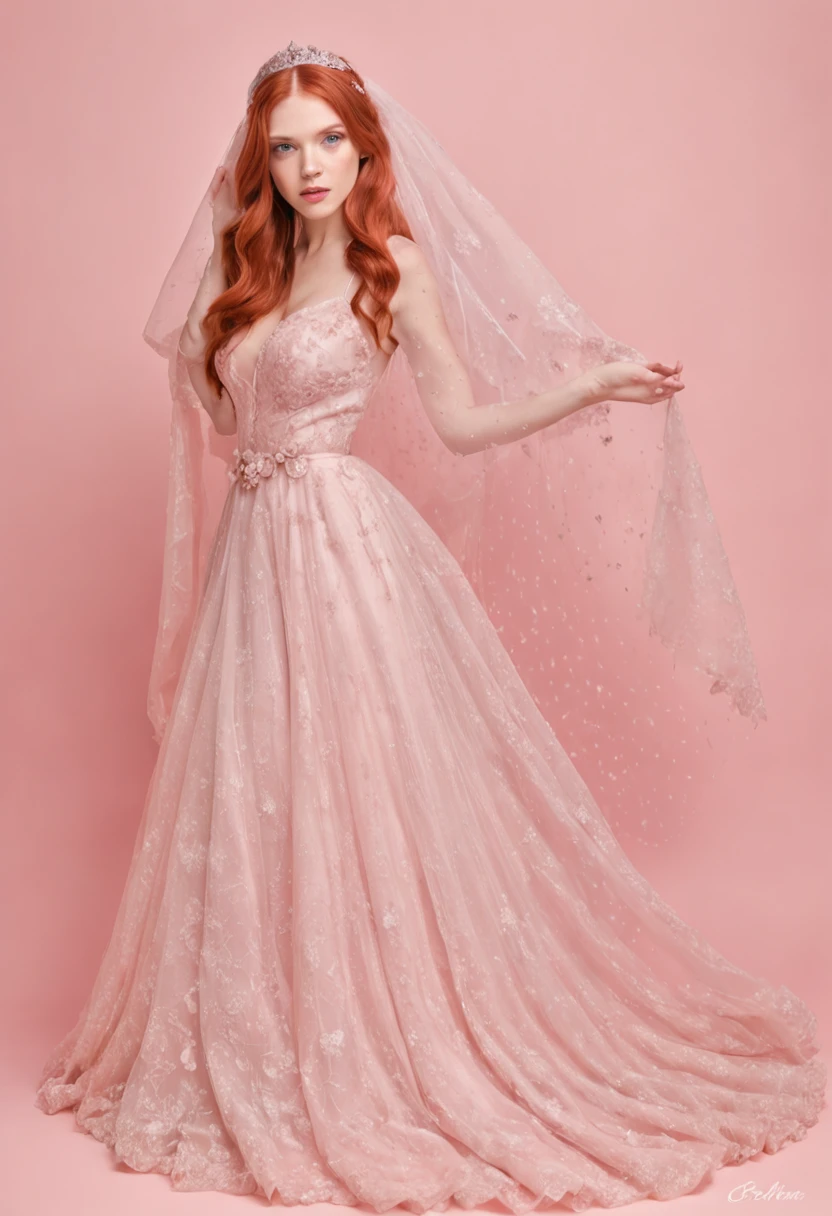(Full body photograph of 1 red-haired girl dressed as a bride with large, transparent veil and pink color dress + suave e delicado + cabelos loiros)+(Vestido longo em cores brilhantes, Luz brilhante, Cabelo loiro longo e liso + Olhos brilhantes e acolhedores)+(pink petals + Brisa suave + with blue sky and white clouds + Bosques verdes e floridos)