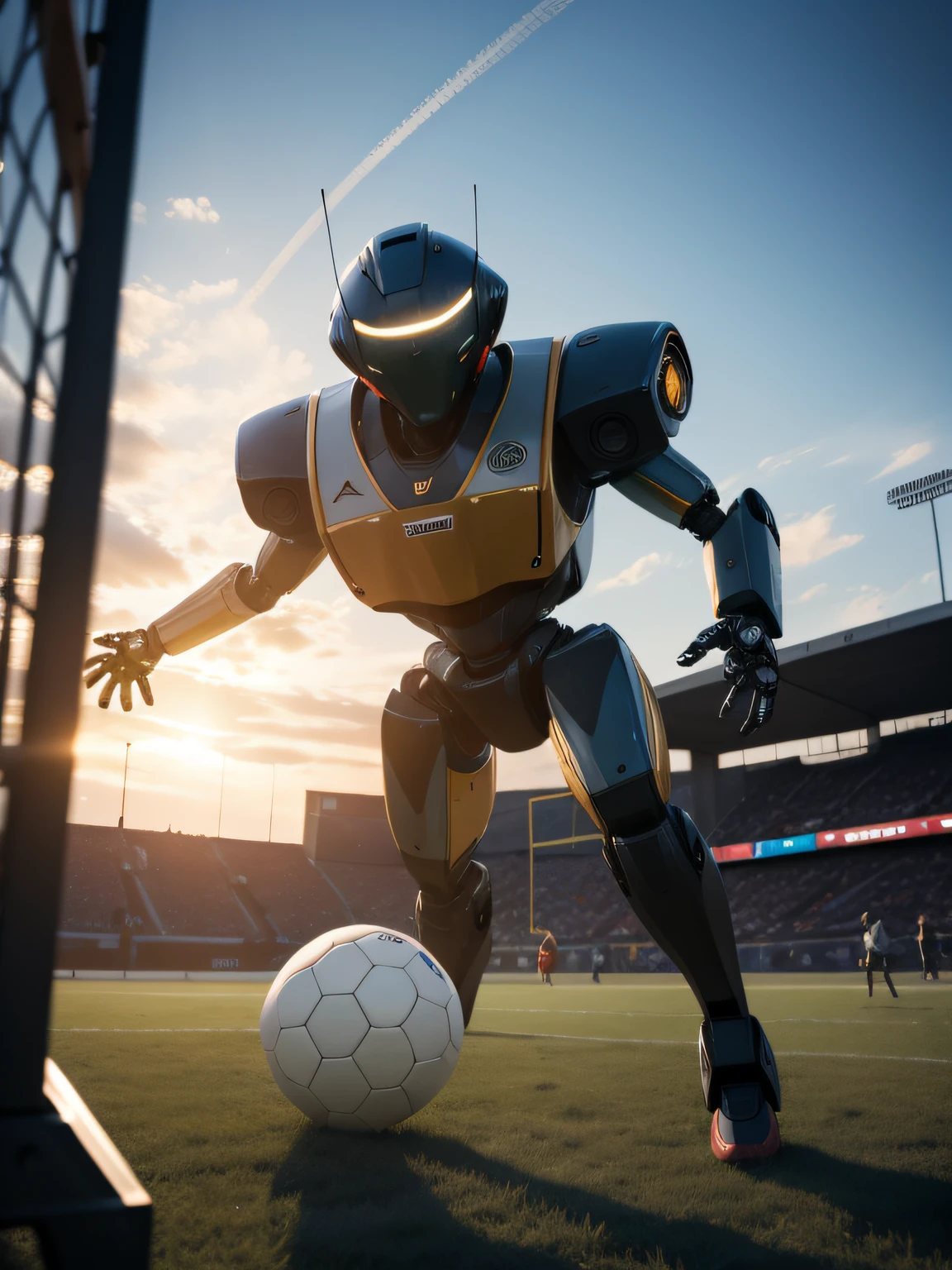 A high modified robot playing football  with girls, warm light, 8k, ultrarealistic