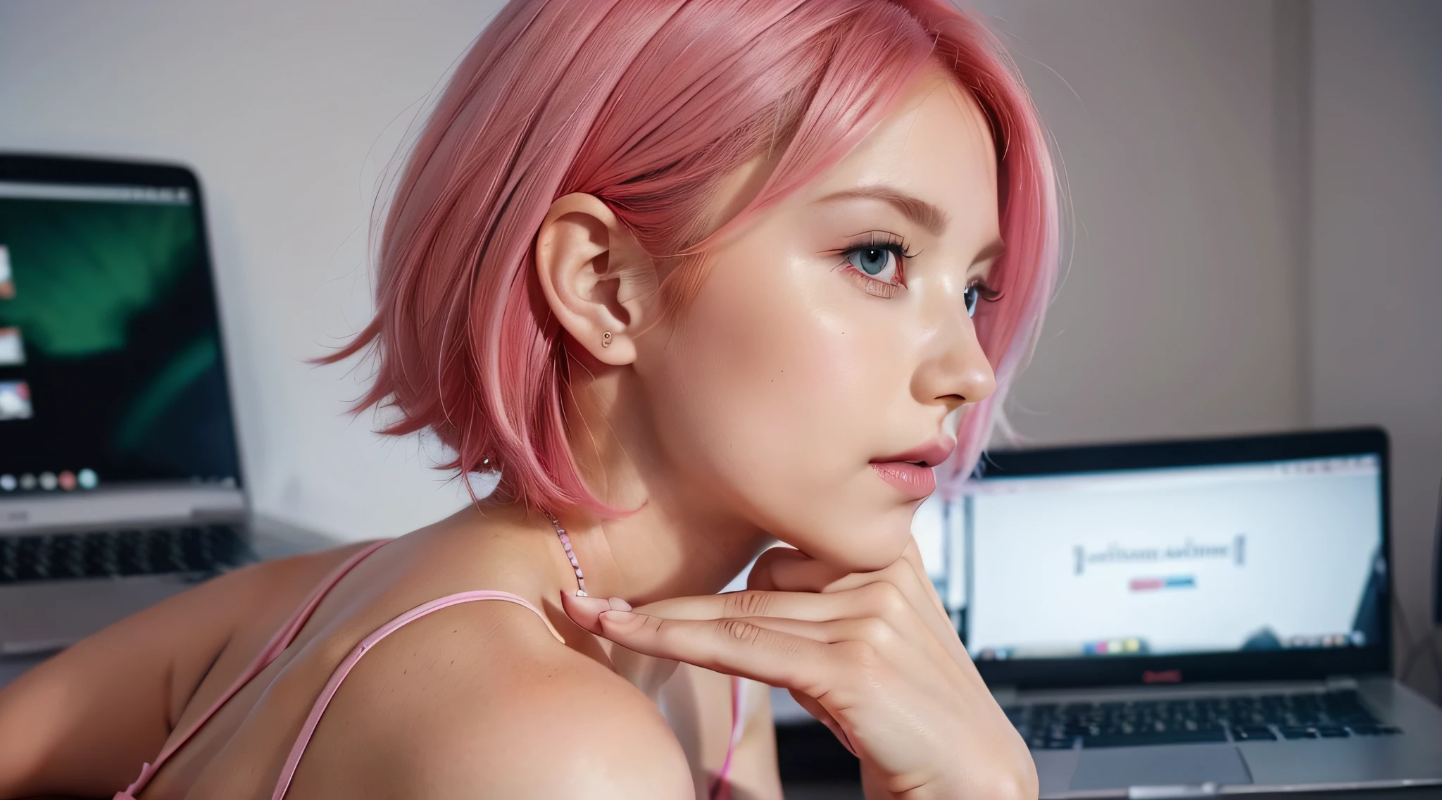 photo of back of a woman sitting on desk in front of a laptop scrolling on Youtube , cute girl , confident look, with short pink hair, jovana rikalo, full subject shown in photo, professional image , medium portrait, wide portrait, young business woman, color portrait, with pink hair, high quality portrait , aleksandra waliszewska