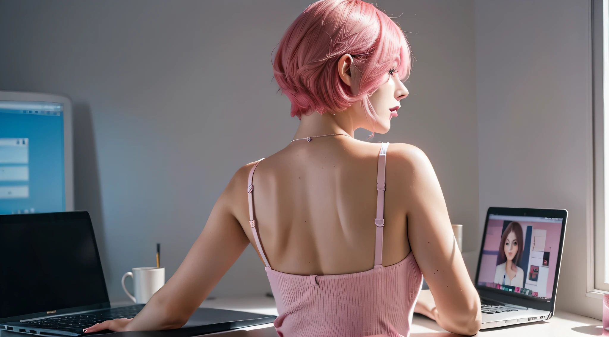 photo of back of a woman sitting on desk in front of a laptop scrolling on Youtube , cute girl , confident look, with short pink hair, jovana rikalo, full subject shown in photo, professional image , medium portrait, wide portrait, young business woman, color portrait, with pink hair, high quality portrait , aleksandra waliszewska