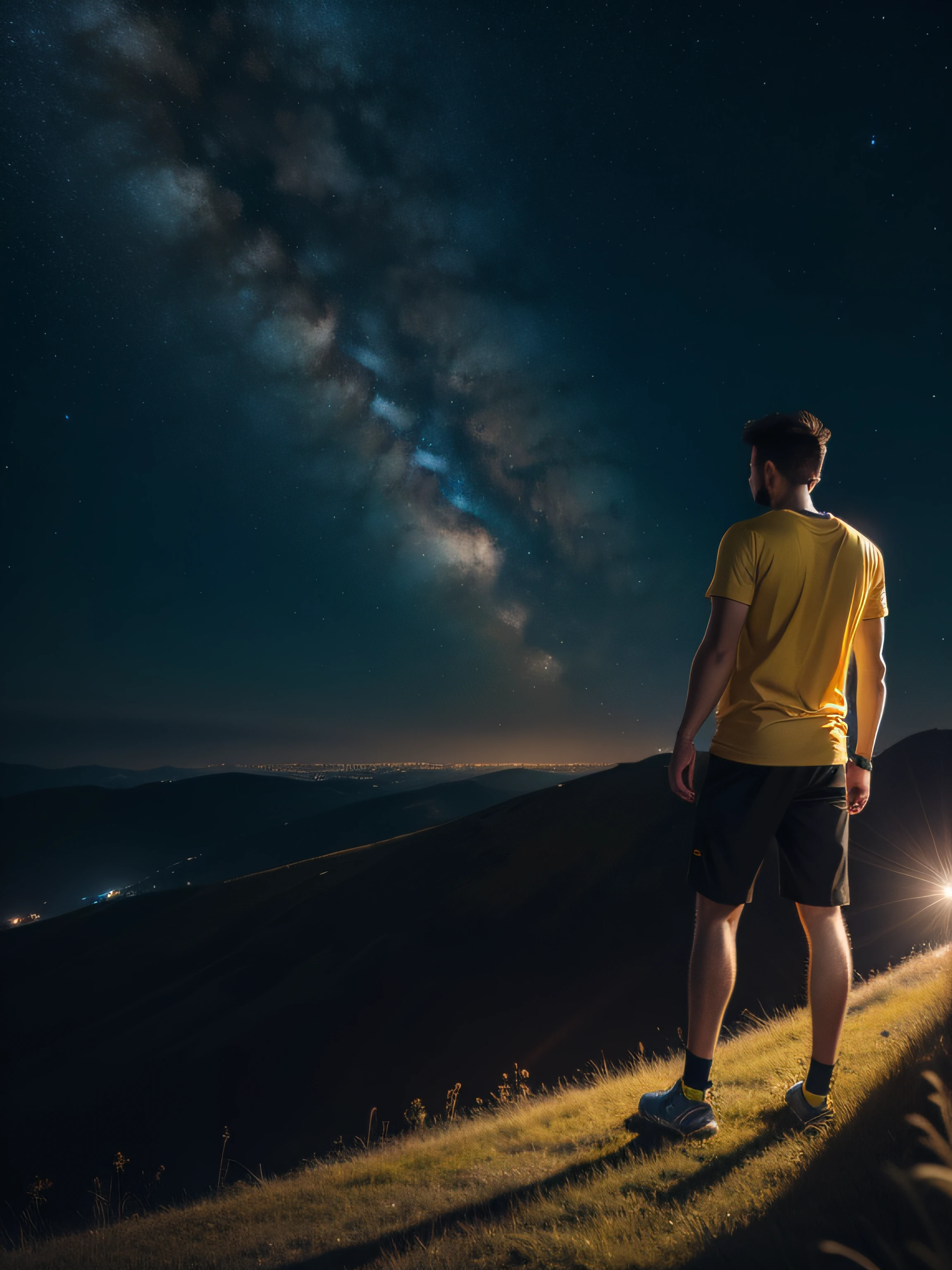 A man yellow tshirt on the hill in the night, galaxy, 8k, ultrarealistic