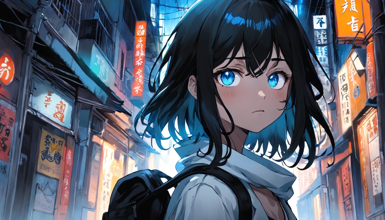 graphic novel illustration, In an alley in Japan, Poor neon lighting. Um MENINO com cabelo branco, olhos azuis uma bandana preta com detalhes brancos sobre sua boca, com uma mochila, um fuzil nas suas costa, distopic, Illuminations, em 5.2, Style reputation, molecular, texturizado, Cores iridescentes e escamas brilhantes,Divine Presence, unforgettable, impressionante, breathtaking beauty, Light Volumetric, tem clivagem, raios, Reflexos de cores vivas