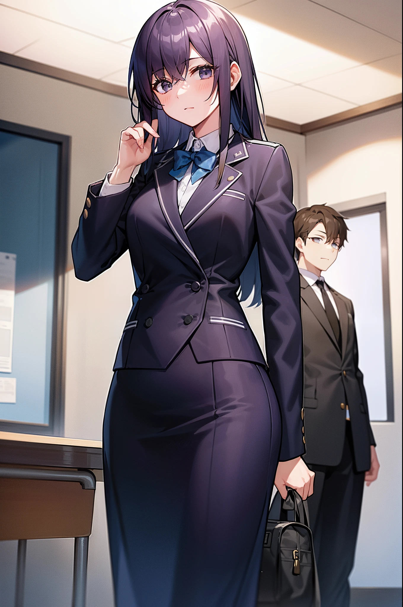 In a classroom, a high school boy stands next to an elegant girl in a stylish high school uniform.