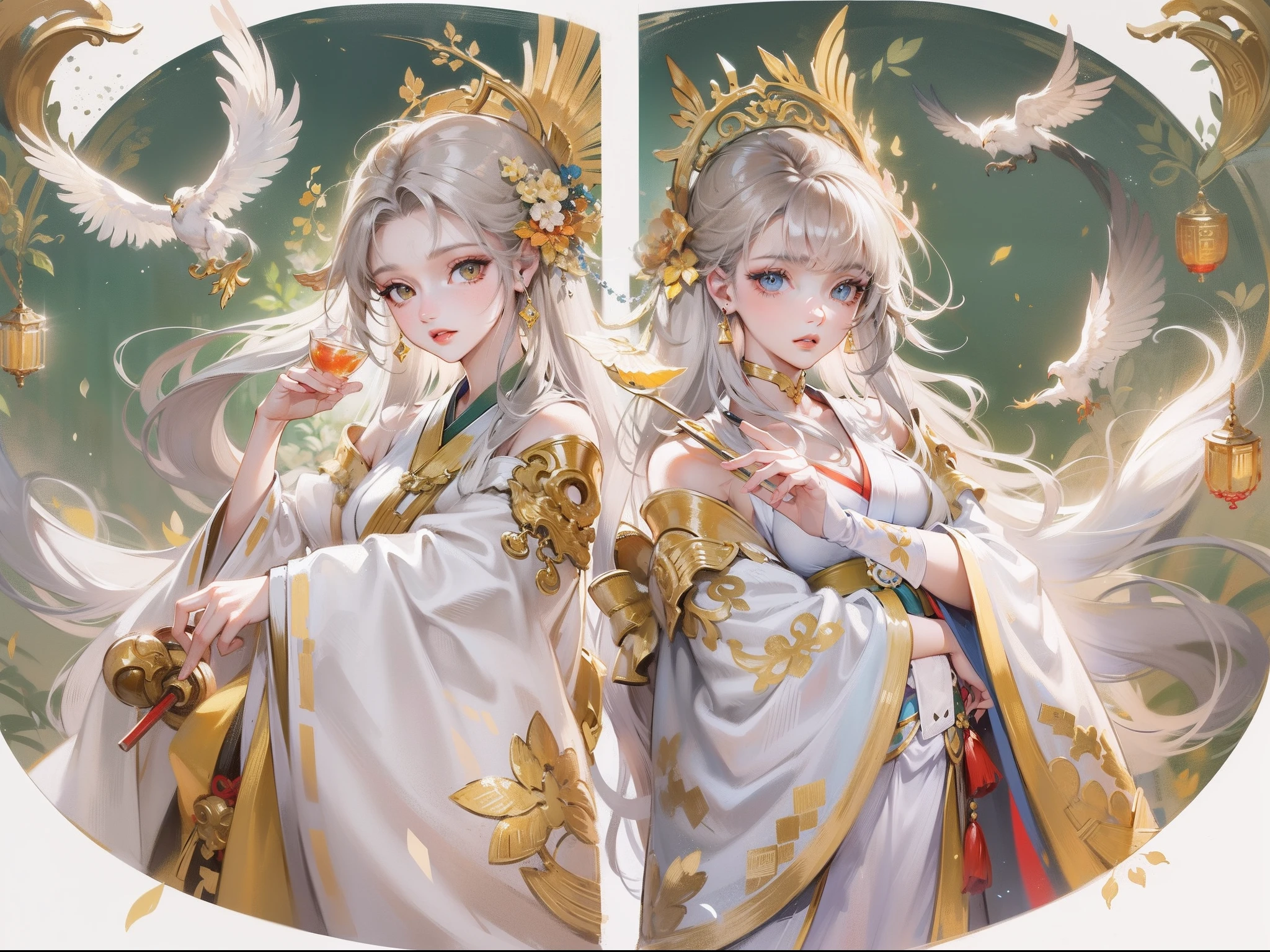 ((Masterpiece, Highest quality)), Detailed face, CharacterDesignSheet,beuaty girl,full bodyesbian, Full of details, Multiple poses and expressions, Highly detailed, Depth, Many parts,Dressed in white and gold Hanfu,Phoenix decoration,sparkling water reflections,epic exquisite character art, Amazing characters
