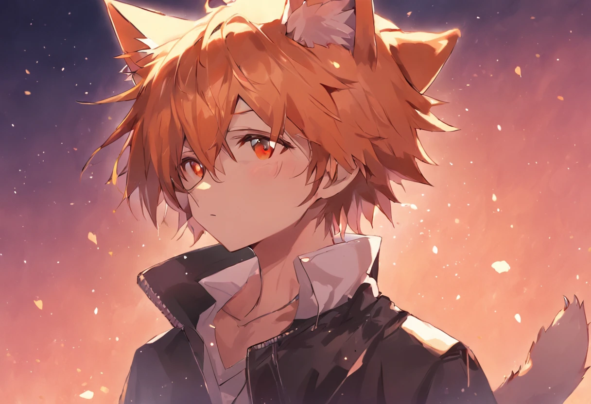 anime character with cat and collar, boy with fox ears, anime boy with cat ears, cute anime catboy, fox ears, anime catboy, fox ears illustration, foxboy, beautiful anime catboy, boy with cat ears and tail, calico colored hair, amber eyes