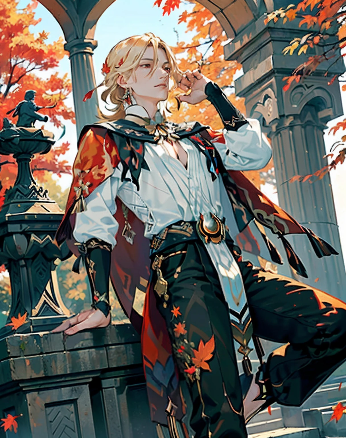 ((masterpiece, best quality)),  ((autumn, maple leaf, autumn orange leaves)), kaveh, blond hair, red eyes, ((black pants)), feather hair ornament, white shirt with red details and embroidery, 1man solo, outside, autumn trees, park with statues and columns