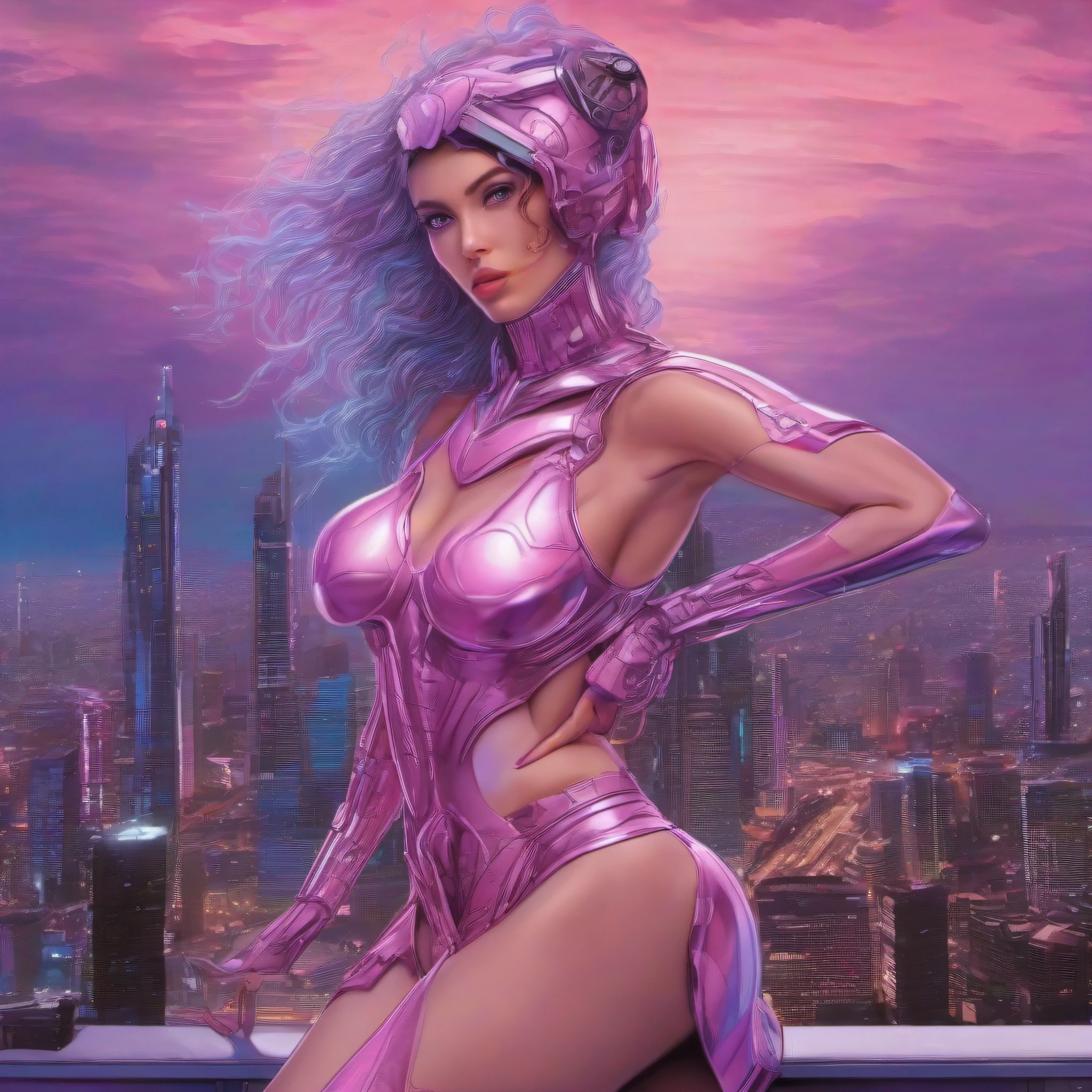 estilo de Milo Manara, Cabelos cor de rosa pink, Cabelos cor de rosa choque, pink and violet sky, estilo de Milo manara, cabelo rosa pink luminoso, armadura prateada detalhada, corpo inteiro, Technological and futuristic with blue and lilac details, Circuitos de luz, cabelos cor de rosa choque, NEGRA COM ROSTO DA MEGAN FOX , wearing technological and futuristic silver armor covering the entire body with blue and lilac details, Circuitos de luz, Futuristic city background with pink and violet sky, cor da pele de bronze, mulata, pele bronzeada, cor do pecado, pele bem morena, queimada de sol, corpo fitness, corpo sarado, corpo atletico, corpo musculoso mas feminino (((seios ridiculamente grandes)))、(seios ridiculamente enormes:1.5)、((huge udder)) pose de guerreira, pink and violet sky