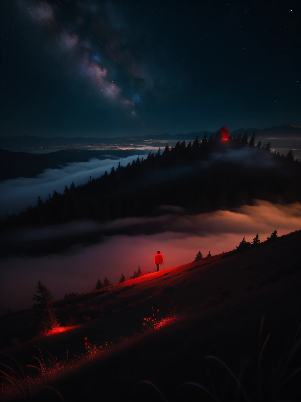 A man red tshirt on the hill in the night, galaxy, fog. 8k, ultrarealistic