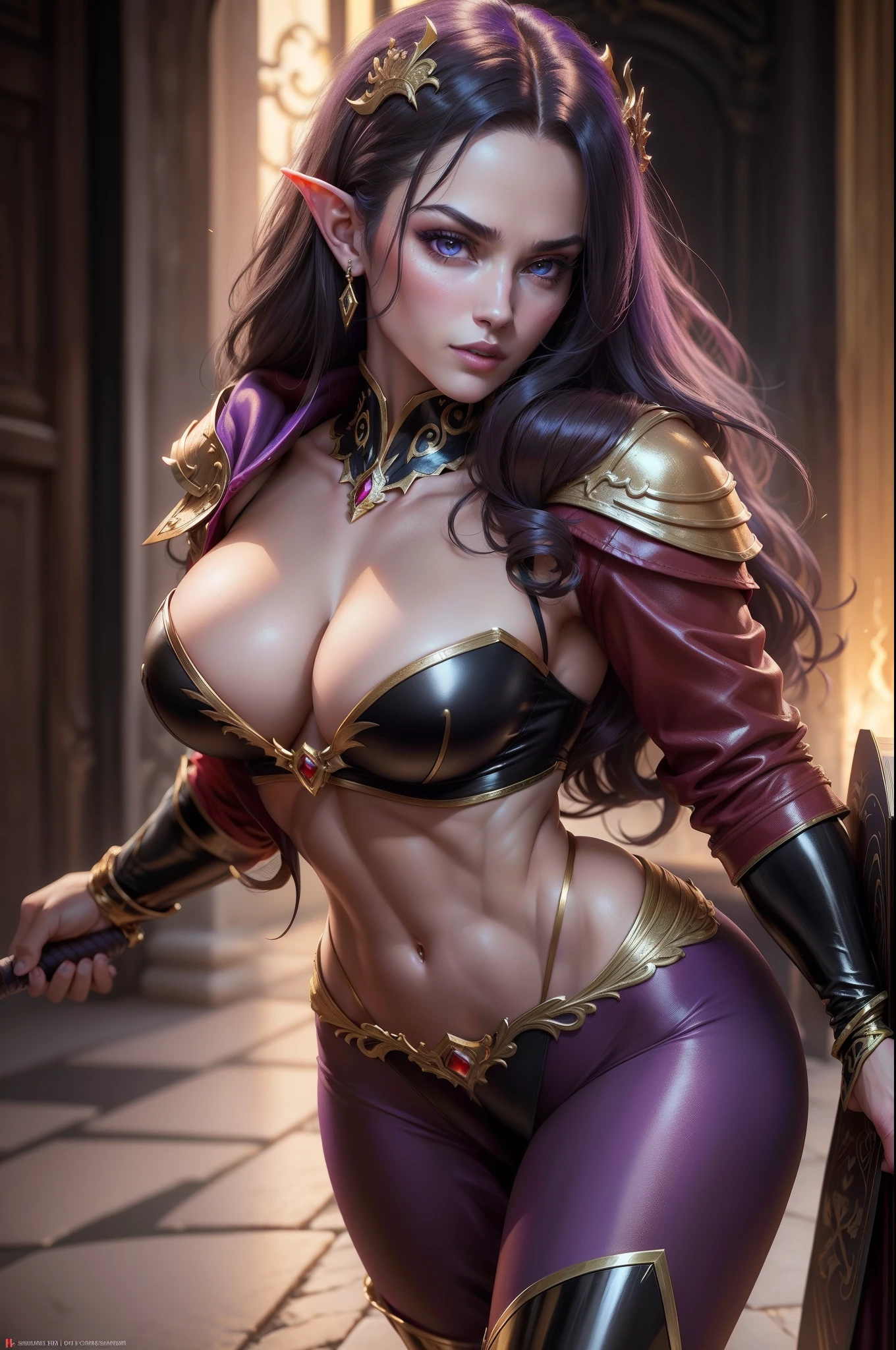 (8K,Photorealsitic Raw photography top-quality;1.4) 1girl in) Super beauty (Lifelike face) (masutepiece, Best Quality, Photorealistic, hight resolution, Photography, :1.3), Very close-up shot, Sharp Focus, 1 Middle aged woman with purple long curled hair, 40-year-old woman of European descent, hotmodel, Highly detailed golden eyes and pupils, Realistic skin, Slim figure with split abs,Large cleavage, very detail hair,Macho with a muscular body Delicate sexy face, Organoleptic gas, shiny lips, ((Red jacket and purple and gold exterior)), muscular slender lower body Black pants and armor Hold a big sword plein air, ((Realistic, Super realistic, Realism, realistic detail)) enticing 超A high resolution A hyper-realistic beautiful expression (real looking skin) elf-ears Cast a seductive gaze queen of the underworld in throneroom 2Black corners of books Fancy makeup Macho with muscular slender body Light purple curled hair Flashy red long coat Golden earrings large full breasts Heavy black and gold gauntlet Super macho A hyper-realistic unrealengine 14k Split abs 24k