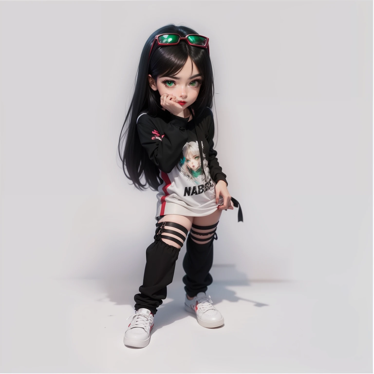 Realistic anime style, straight black hair, long green eyes, red lips, blusa preta, saia rosa, white sneakers, Nos arredores Meis
