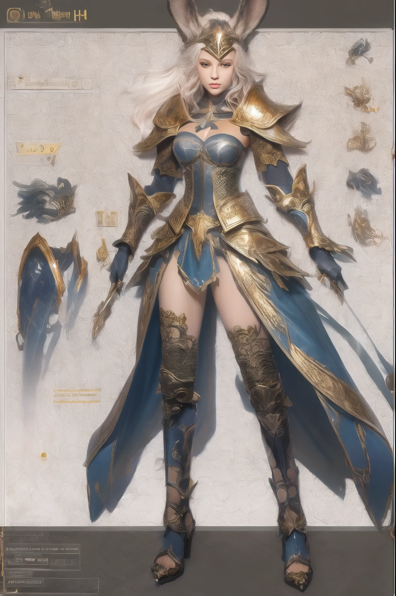 Design a layout showcase Gaming character, a Elf Knight. Golden+Purle clothes, stylish and unique. Detailed magic bow. (masterpiece:1.2), (best quality), 4k, ultra-detailed, (dynamic composition: 1.4), Step by step design, layout art,(luminous lighting, atmospheric lighting), Final Fantasy style, magical, ((glove full hands)), fran, viera, helmet, revealing clothes, vambraces, armored legwear, high heels