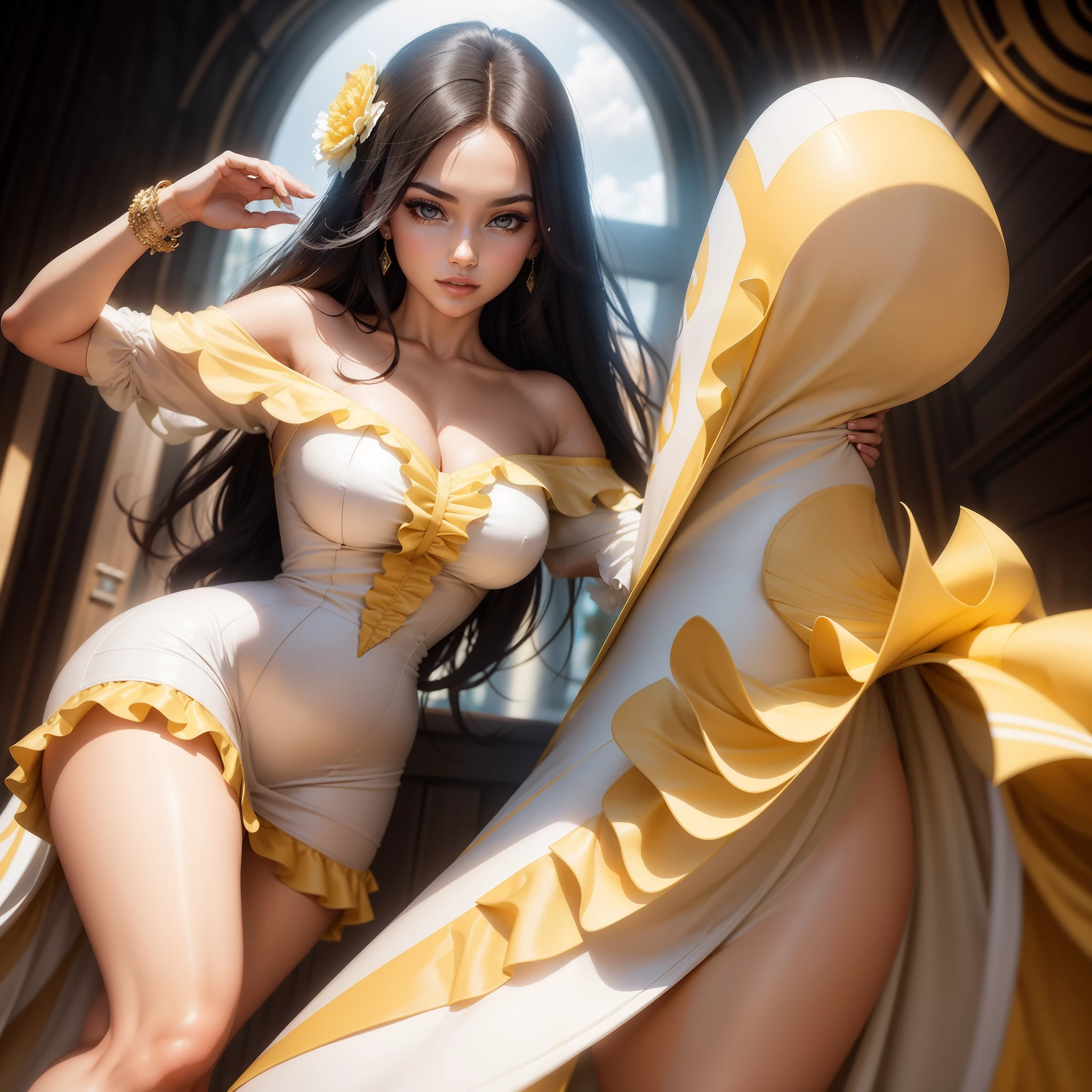 "Radiating elegance, an alluring lady gracefully showcases her curves in a white and yellow bodycon dress. The off-shoulder design and playful frill detailing add a touch of flirtatiousness to her look."