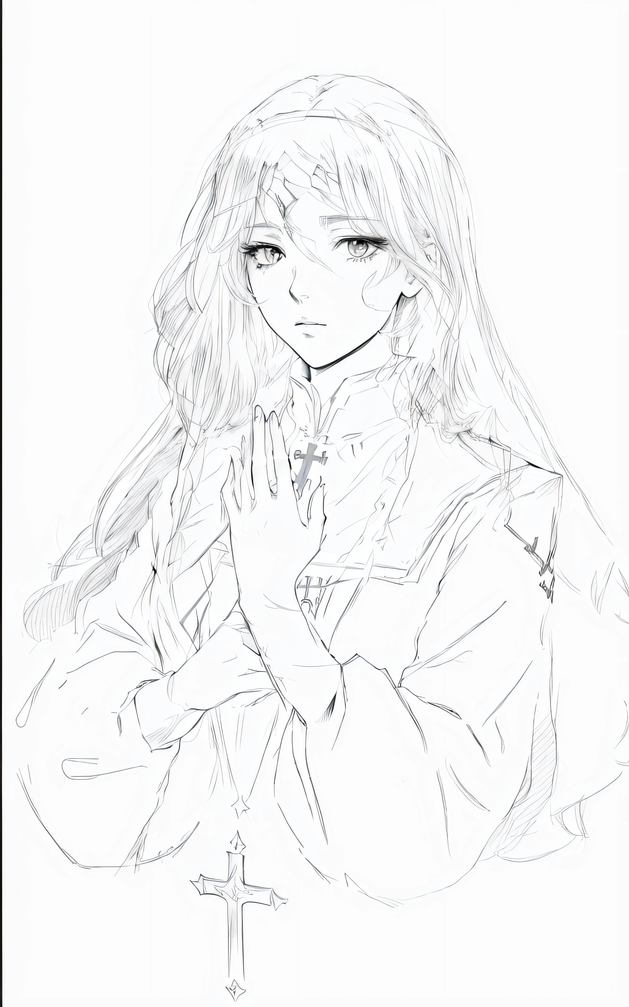 a drawing of a woman with long hair and a cross on her chest, perfect lineart, simple lineart, lineart, clean lineart, albedo from overlord, line sketch, bold lineart, line sketch!!, thick lineart, clean anime outlines, flowing hair and long robes, thick black lineart, marin kitagawa fanart, outline sketch