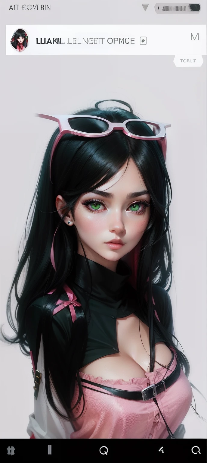 estilo anime realista, cabelos pretos longos, olhos verdes, lips, vermelho, blusa preta, saia rosa curta