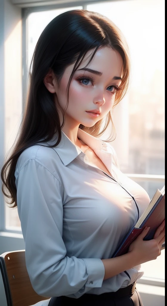 woman,The face of an angel,in school uniform,Reading a book,Leakage out of the breast
