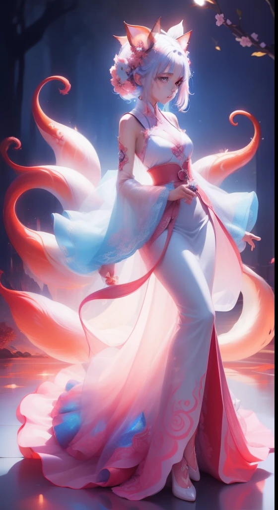 Girl top,(((9 tails))),Transparent princess dress,Excellent figure