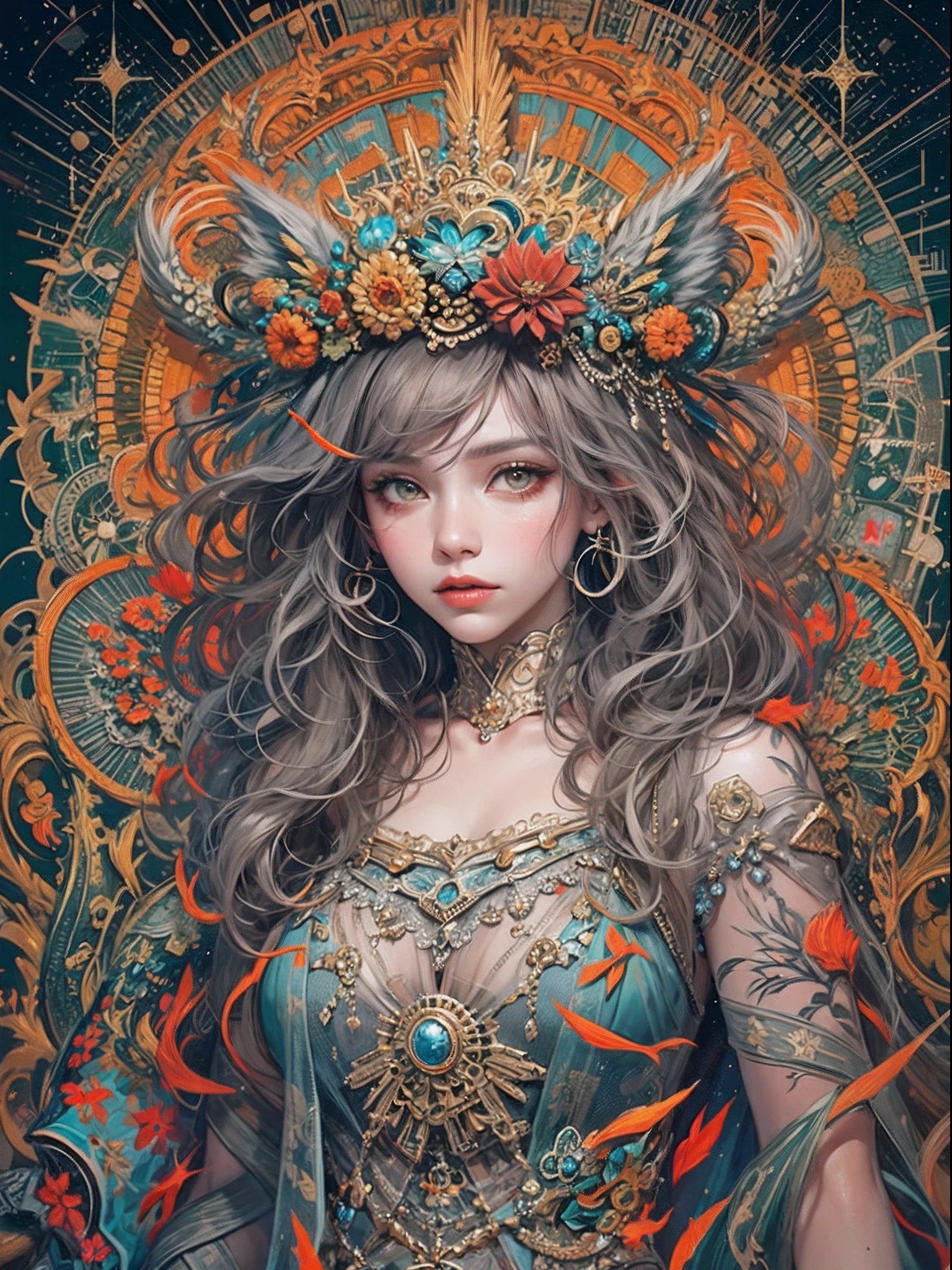 official arts, Unity 8k壁纸, Ultra-detailed, Beautiful and aesthetically pleasing, tmasterpiece, beste-Qualit, (zentangle, a Mandala, clew, meshing), (s fractal art: 1.3), 1Anthropomorphic she-wolf girl, Vermilion hair, Extremely detailed, dinamic angle, Cowboy shot, Most Beautiful Form of Chaos, elegant, a brutalist designed, bright colours, romanticism, The Shining of the Stars, Arctic Lights