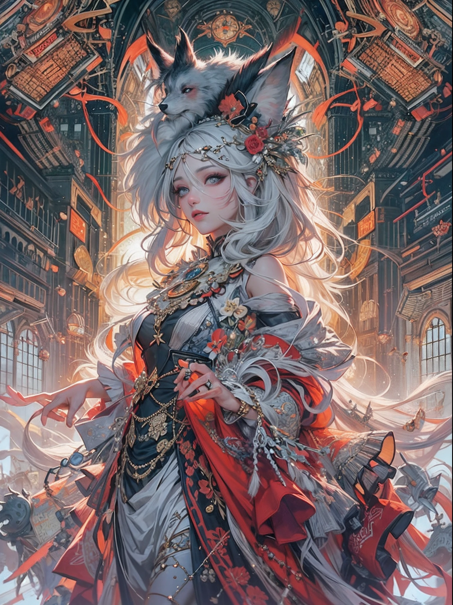 official arts, Unity 8k壁纸, Ultra-detailed, Beautiful and aesthetically pleasing, tmasterpiece, beste-Qualit, (zentangle, a Mandala, clew, meshing), (s fractal art: 1.3), 1Anthropomorphic she-wolf girl, Vermilion hair, Extremely detailed, dinamic angle, Cowboy shot, Most Beautiful Form of Chaos, elegant, a brutalist designed, bright colours, romanticism, The Shining of the Stars, Arctic Lights