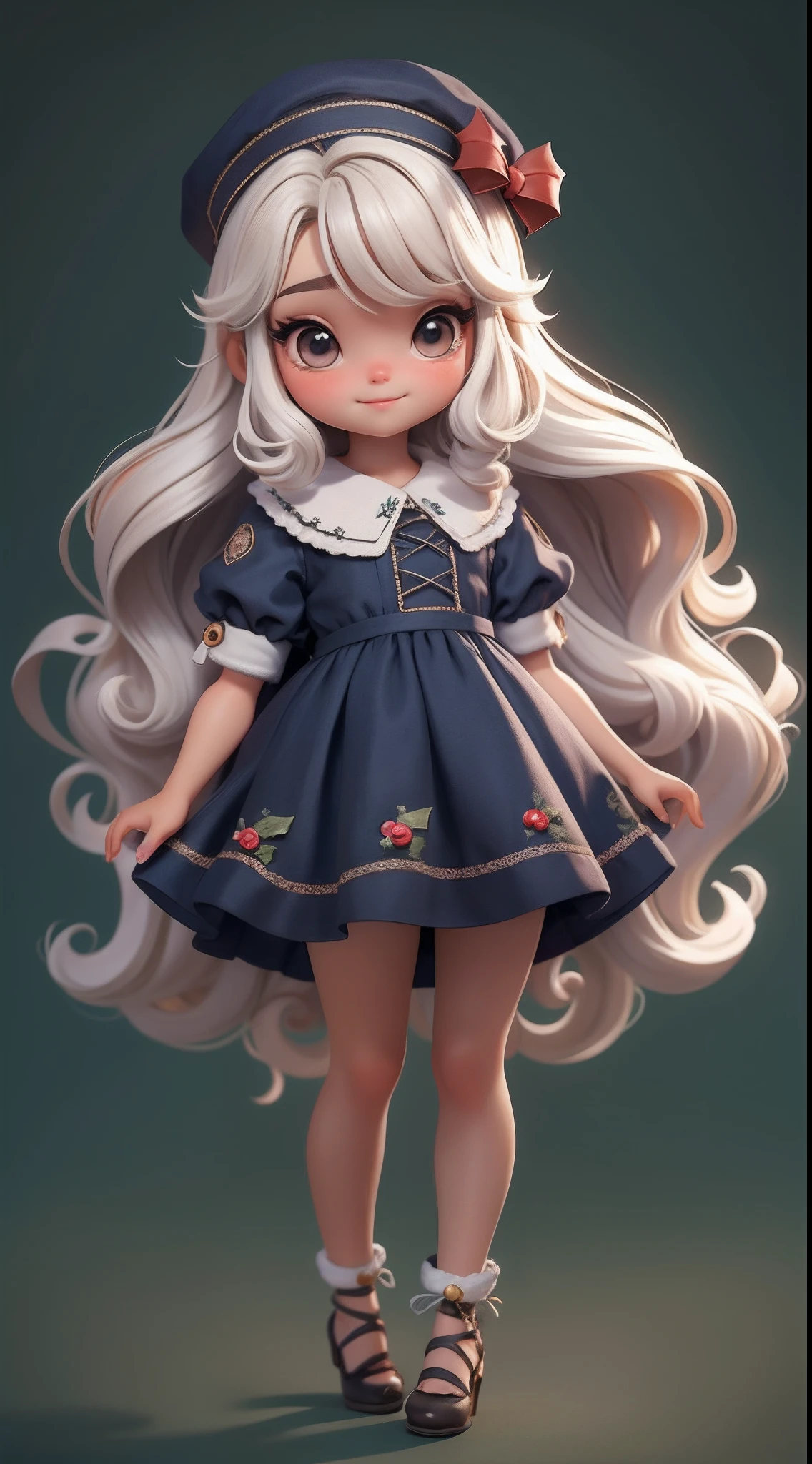 Create a series of **** chibi style dolls with a cute Christmas theme, each with lots of detail and in an 8K resolution. All dolls should follow the same solid background pattern and be complete in the image, mostrando o (corpo inteiro, incluindo as pernas: 1.5)

Boneca Natal: Chame-a de Bella. Ela deve ter cabelo longo e cacheado em tons natalinos. Seus olhos devem ser grandes e brilhantes, with long eyelashes and rosy cheeks. Bella deve estar vestida com um vestido delicado e longo, com avental estampado e saia longa rodada. She should wear a hat and have Christmas accessories on hand, while in the other has nothing. Don't forget the details, com detalhes coloridos e enfeites encantadores, sapato bonito

Certifique-se de adicionar sombras, texturas e detalhes nos cabelos, roupas, Cute accessories of each doll, to make them even more adorable and charming.