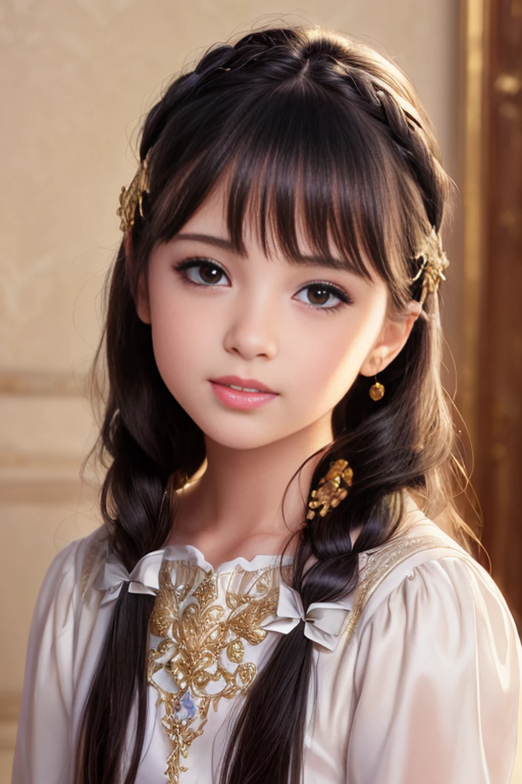 (Front Focus,Front Lighting),(masutepiece:1.3), (8K, Photorealistic, Raw photo, Best Quality: 1.4), (1girl, Cute little girl, 12 years old,), Beautiful face, (Realistic face), ((Long hair, Hair Ornament, Lips, black hair clips, Solo, Nose):1.3), Beautiful hairstyle, Realistic eyes, Beautiful detailed eyes, (Realistic skin), Beautiful skin, (White night dress:1.1), absurderes, Attractive, ultra high resolution, A hyper-realistic, Highly detailed, Golden ratio,mesugaki,open mouth,blush, a smile, French style bedroom,wariza,