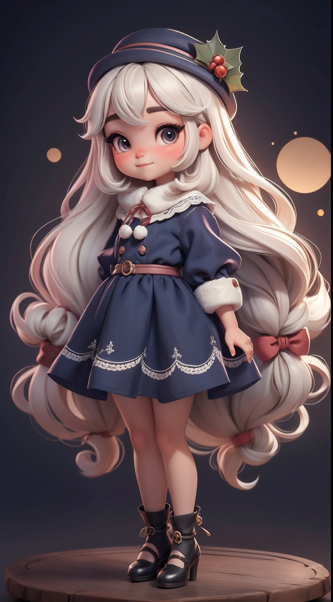 Create a series of chibi style dolls with a cute Christmas theme, each with lots of detail and in an 8K resolution. All dolls should follow the same solid background pattern and be complete in the image, mostrando o (corpo inteiro, incluindo as pernas: 1.5)
Boneca Natal: Chame-a de Bella. Ela deve ter cabelo longo e cacheado em tons natalinos. Seus olhos devem ser grandes e brilhantes, with long eyelashes and rosy cheeks. Bella deve estar vestida com um vestido delicado e longo, com avental estampado e saia longa rodada. She should wear a hat and have Christmas accessories on hand, while in the other has nothing. Don't forget the details, com detalhes coloridos e enfeites encantadores, sapato bonito
Certifique-se de adicionar sombras, texturas e detalhes nos cabelos, roupas, Cute accessories of each doll, to make them even more adorable and charming.