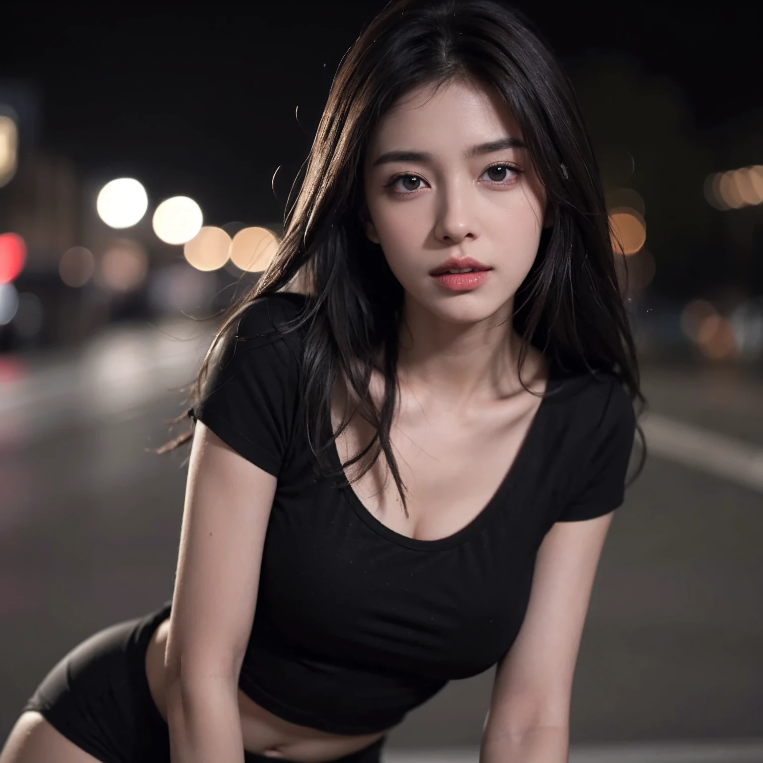 ((Realistic lighting, Best quality, 8K, Masterpiece: 1.3)), Clear focus: 1.2, 1girl, perfect large breast Figure: 1.4, Slim Abs: 1.1, ((Dark brown hair)), (sexy tight black t shirt: 1.4), (Outdoor, Night: 1.1), sandy beach, Super fine face, Fine eyes, Double eyelids,