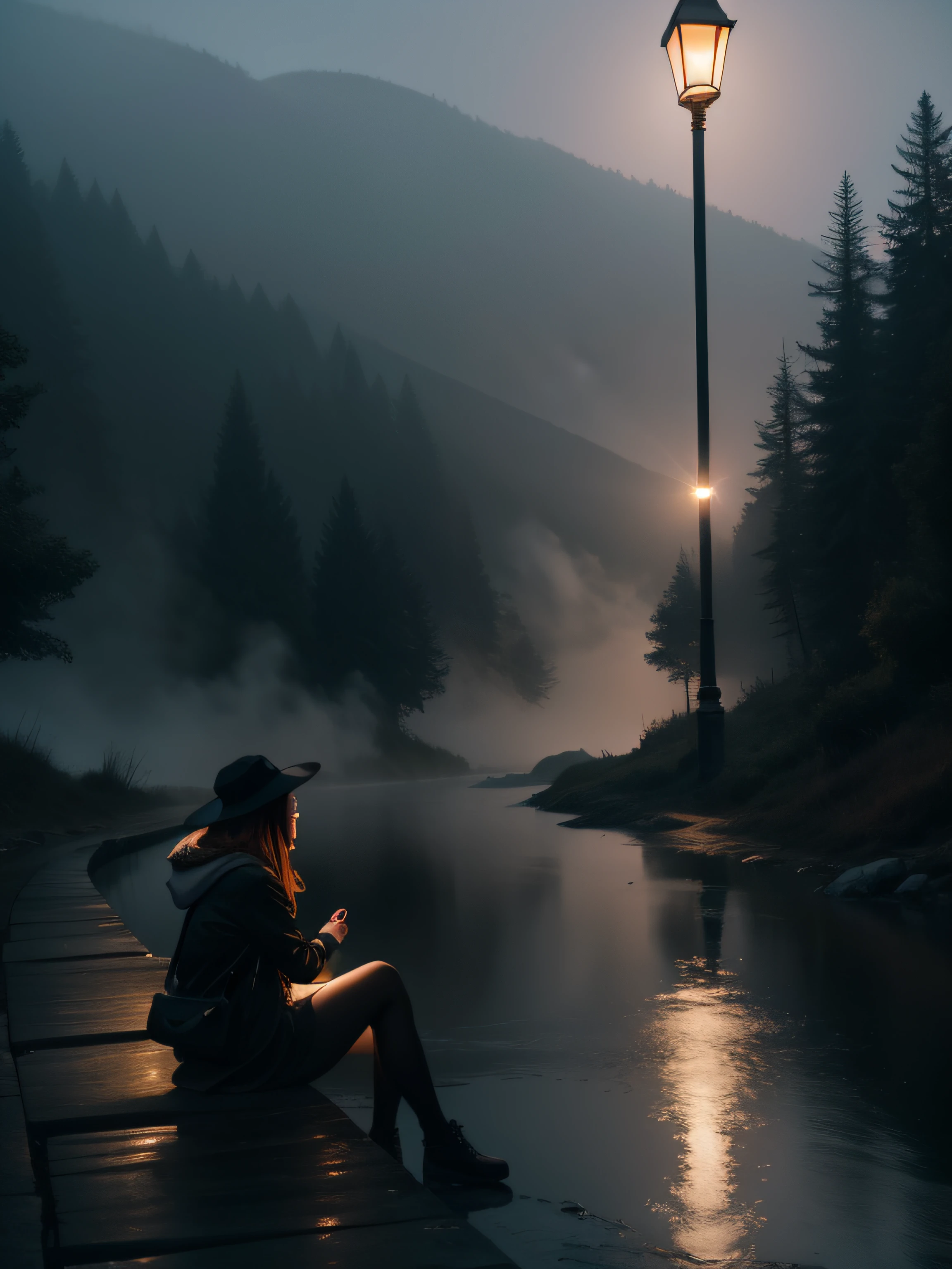 A girl sit near a river, fog on the river, lamp light, dark theme, 8k, ultrarealistic