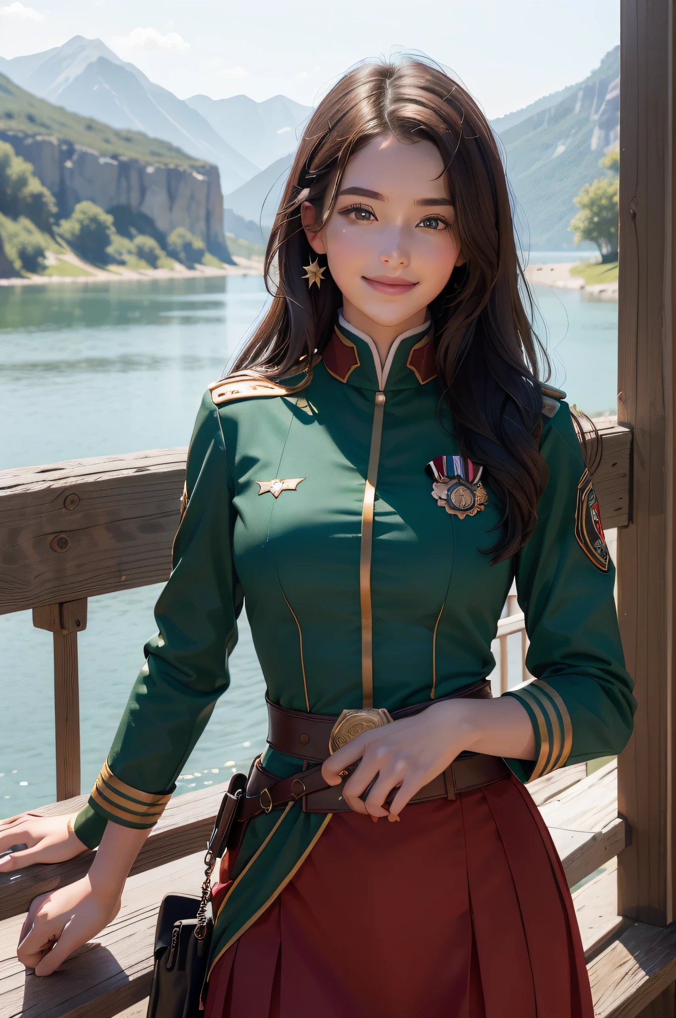 A beautiful girl,Sweet smile,(Smooth facial details:1.6),(Epaulettes red five-star:1.6),(Fighting posture:1.3),Wearing a green uniform,Medals are hung on the chest,(Hanging a firearm:1.2),fresh flowers,lakes,parks,A high resolution,SLR camera