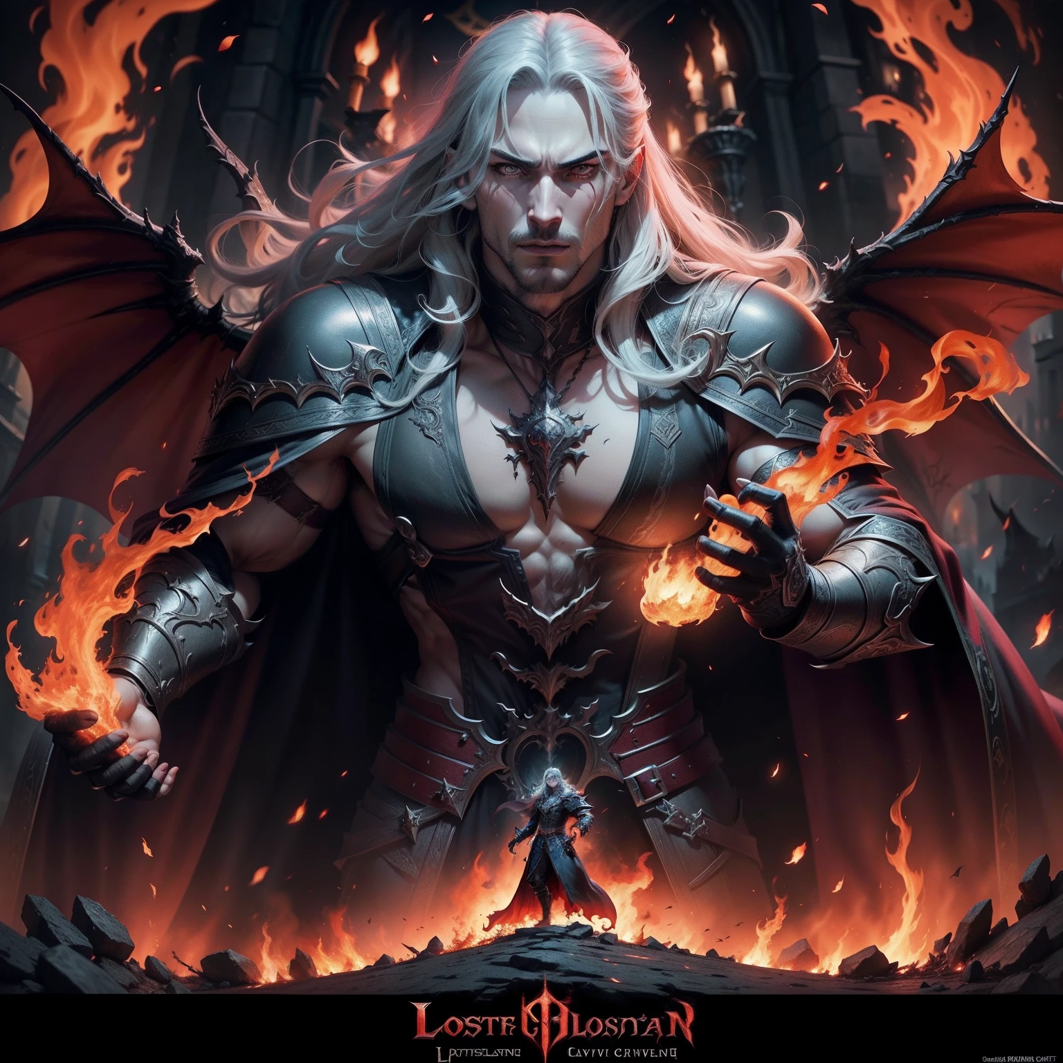 Castlevania Lord of Shadows in hell blazing fire super detailed Dynamic poses hyper realistic super detailed hyper realistic super detailed blazing hell Devil hyper realistic super detailed Dynamic Poster Movie Epic Legendary Advertisement