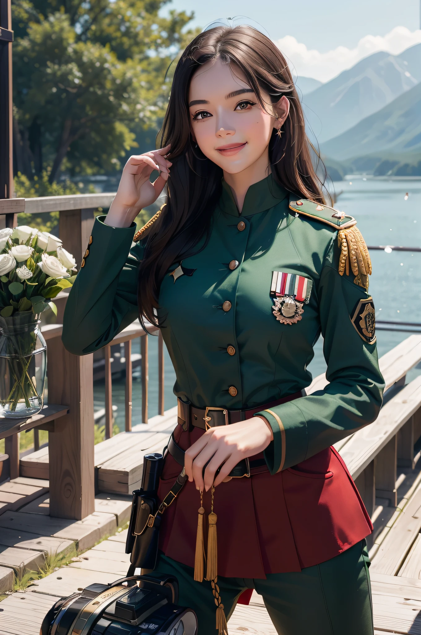 Usually detailed CG Unity 8K wallpaper，（tmasterpiece），（best qualtiy），（ultra - detailed），（Ultra photo realsisim），（best character detail：1.36），Nikon D750 f / 1.4 55mm，profesional lighting， physically-based renderingt, 1girll, Female soldier，army suit，Dark green military uniform，Fabric texture military uniform，Pure white lining，Dark green tie，bucket-hat，Black hair，the golden ratio,[:(com rosto detalhado:1.2):0.2]:，PureErosFace_V1, broad shoulder,(Bigchest:1.5),(big assa:1.5),(stick out buttocks:1.5)，Sit on grass，Look back，red flags，In the square，Splendid scenery，bright sun，RAW photogr，photore， Flag of China，Night Street，lighting，Contre-Jour，Bright smile，White teeth，