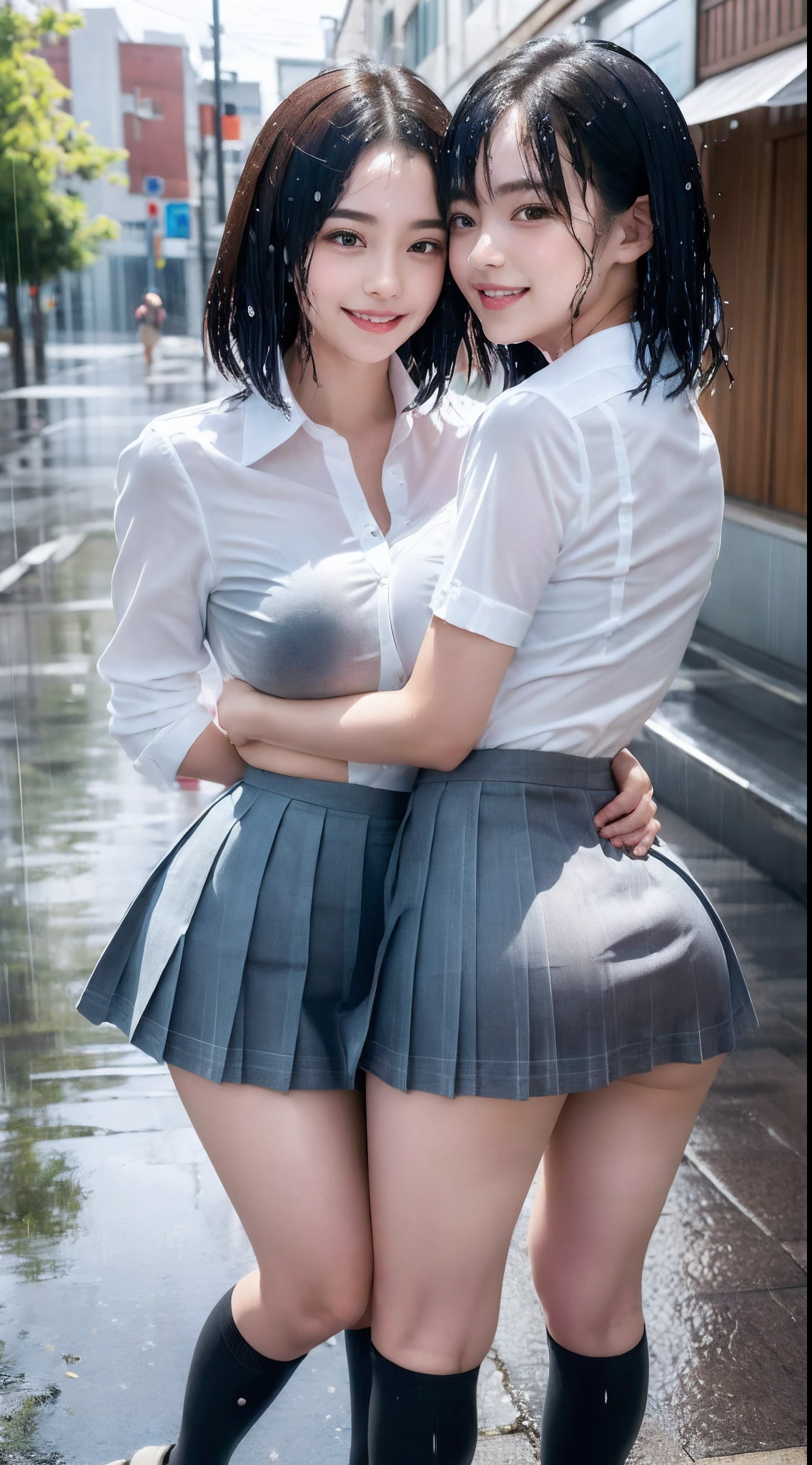 (8K, 超A high resolution, Best Quality, masutepiece:1.2),(18year old:1.2)、(Look away)、8K、RAW portrait of japanese girl、Photorealsitic、超A high resolution、top-quality、 (huge-breasted、Close all buttons on the shirt:1.4)(student clothes、Pure White Cutter Shirt、Check Pleated Mini Skirt:1.35)、(in a street:1.2) BREAK (Natural Skin Texture、Detailed skin、Hyper-Realism、ultra sharpness)、intricate detailes、depth of fields(Put a white shirt inside the skirt:1.3)、Show the armpits、Grey Plaid Pleated Micro Mini Skirt(Black hair long straight、Shiny legs、Black loafers、Black stockings:1.3)(Female duo、Two women hugging each other、Two women touching each other's buttocks、Bring your face closer:1.5)(rainy day、rain is falling、Rain-drenched body:1.4)