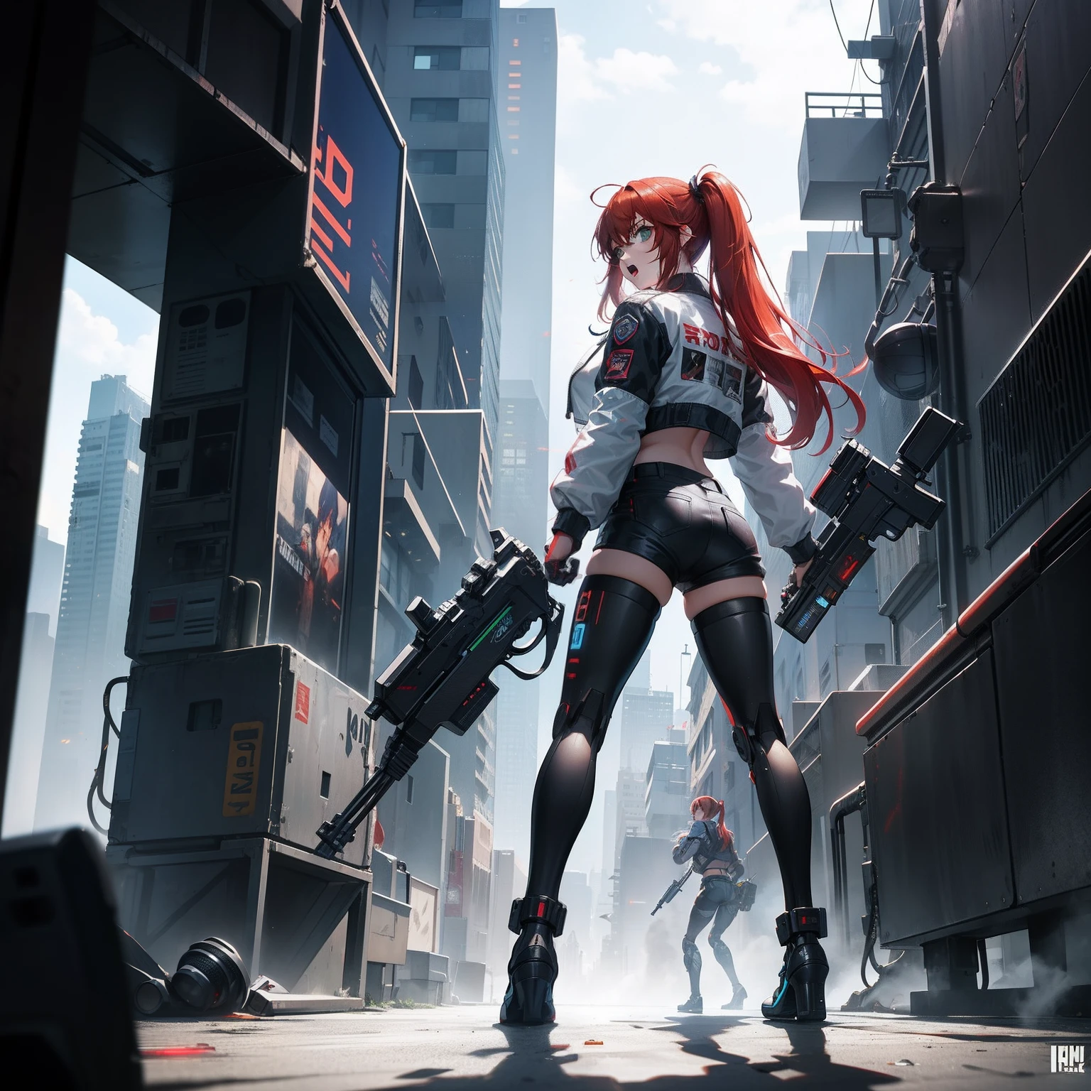 Full body shot, {(The girl)} and {(The robot)}。{(The girl) has red hair and two ponytails and green eyes，Wearing a bomber jacket、Crop top and denim shorts，Armed with a laser rifle,  The girl stood with a laser rifle in hand shooting the laser rifle }。{(The robot) has a metal head，Silver and metallic body，Didn't wear any clothes, lying down, face down, dead with smoke rising from body}，open mouth, screaming, holding laser rifle, shooting,  shooting the laser rifle,guns blazing, guns flaring, rapid fire, exploisions, explodes, robot attack, robot attack, robot pounce, robot lunge, robot attack, robot exterminate, terminator robot attack, {{{cyberpunk city warzone}}}, cinematic lighting, 200 mm,  in cyberpunk city, frontal shot, side profile shot, rear shot, back shot, behind shot, full body shot, masterpiece, highly detailed