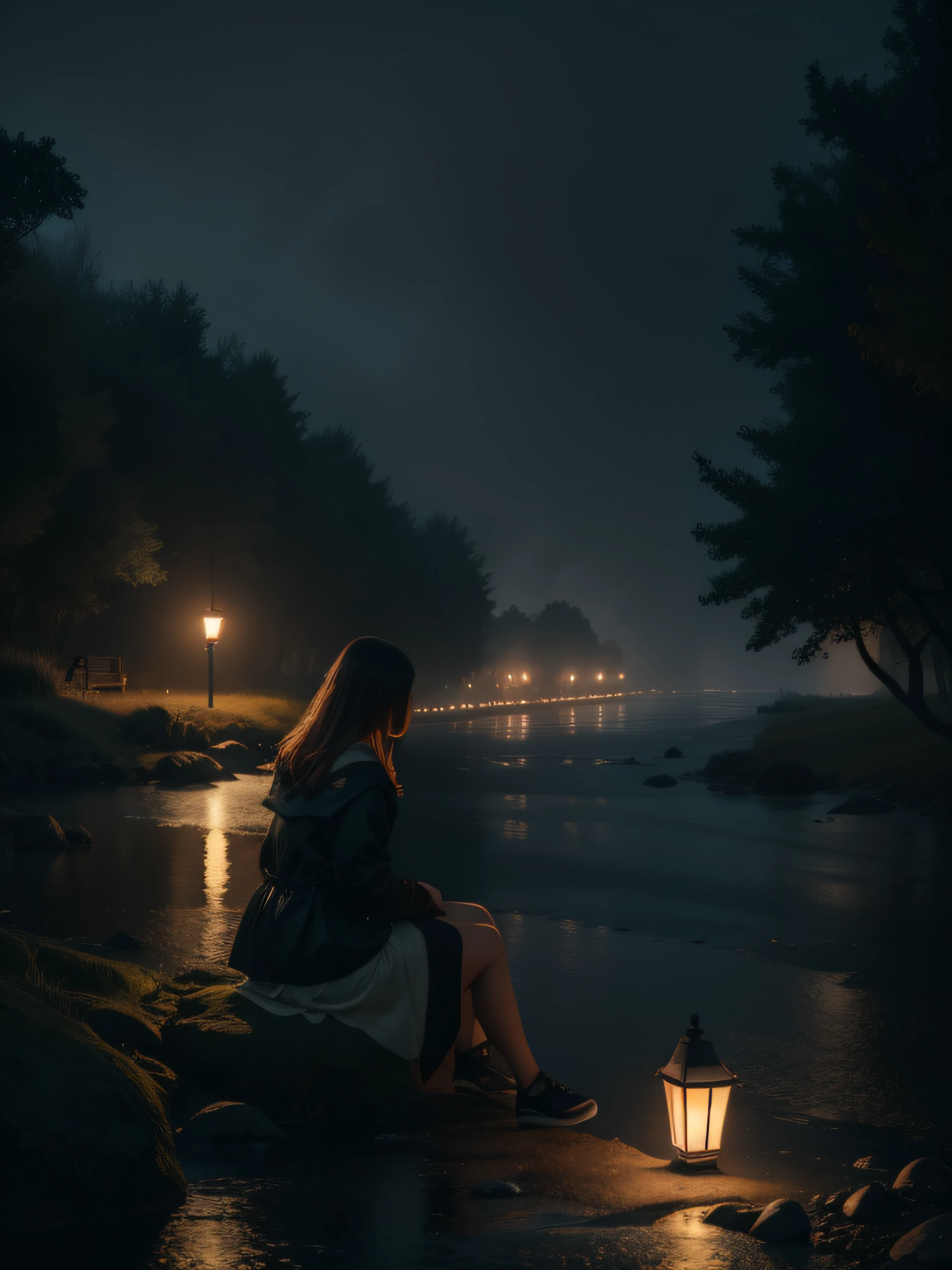 A girl sit near a river, fog on the river, lamp light, dark theme, 8k, ultrarealistic