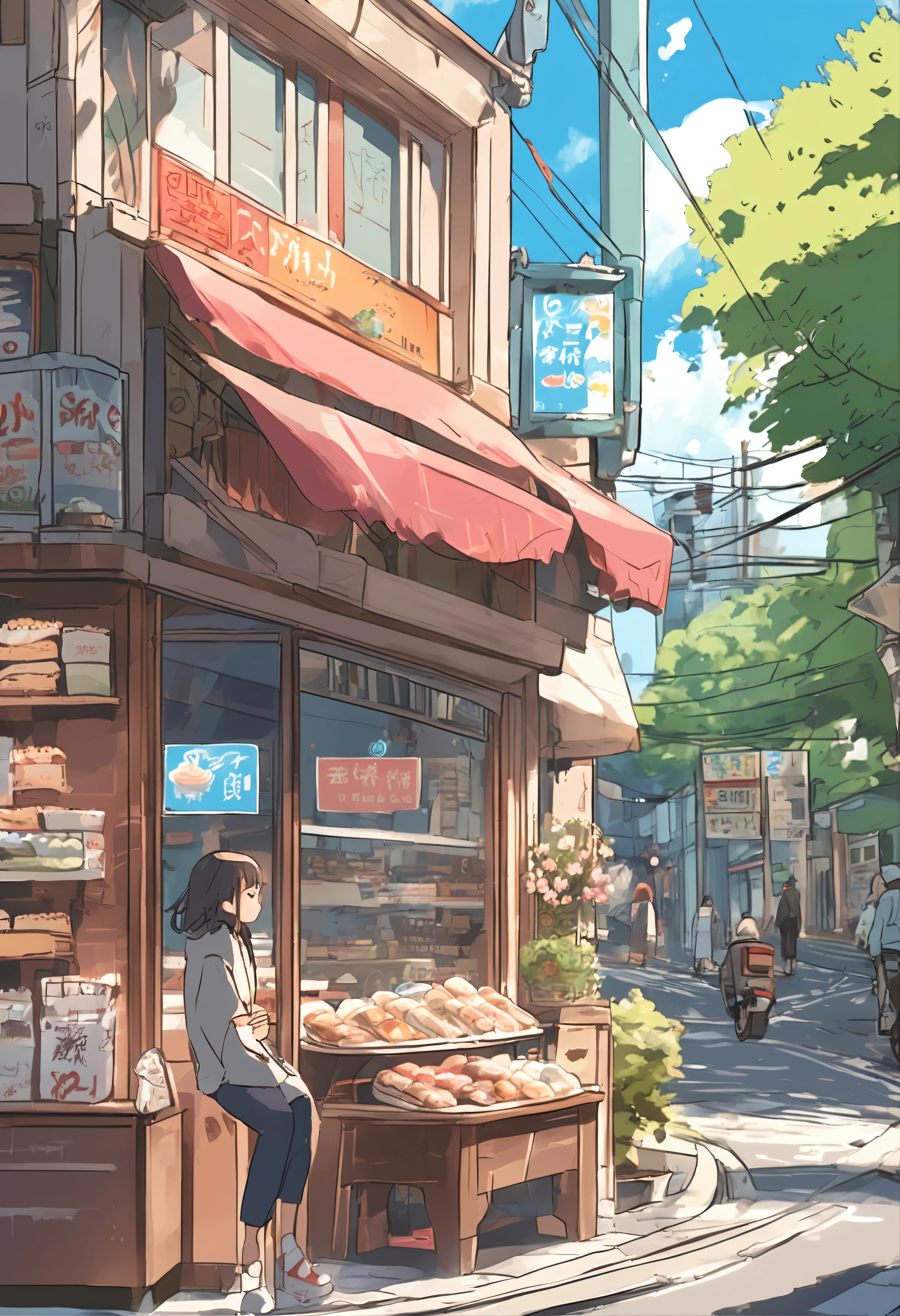 Anime - City street style scene, a woman waiting in front of a store, anime background art, detailed scenery - width 672, anime landscape concept art, anime style cityscape, Studio Ghibli anime style, Studio Ghibli art style, Studio Ghibli program, anime landscape, Studio Ghibli art style, Landscape artwork, Beautiful anime landscape, Forest city street, Ghibli art style, cake shop, cake shop, bakery cake shop, Makoto Shinkai style, Makoto Shinkai anime, Shinkai Makoto art style
