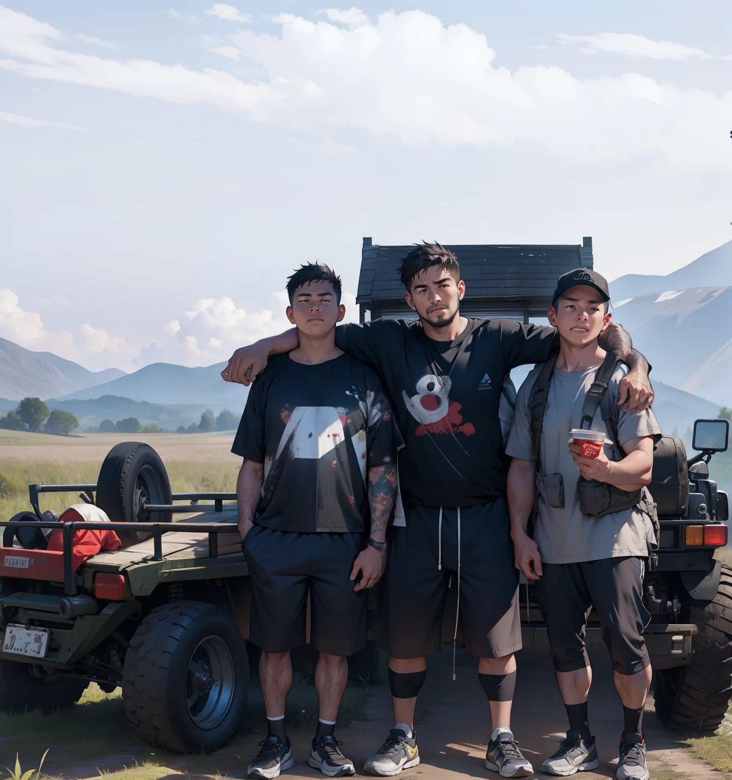 Three partners, Finish playing buggy,Stop for photos,All are short sleeves,The thin one on the left, the fat one in the middle, the average on the right