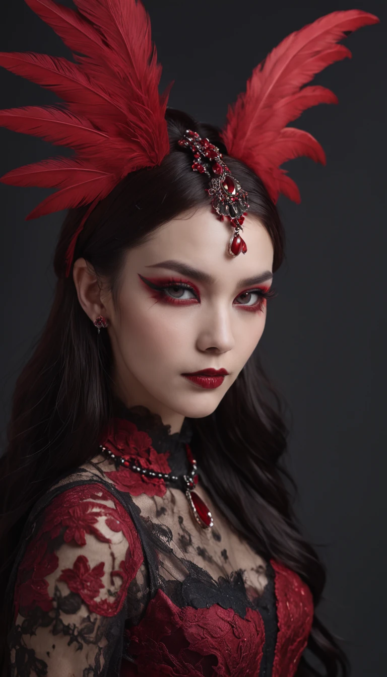 Generate images of demons with crimson wings. Give this image a captivating aura and powerful feather movement. Next, Add a devil's dress designed to emphasize the lines of the body, With feather accents to create a dark and mysterious atmosphere. reeds, Combine accessories with black or dark red headpieces, Crimson Gemstone Necklace、Matching rings and earrings. Finally, Add dark tone makeup and red or black eyeshadow、Complete the atmosphere of the devil.