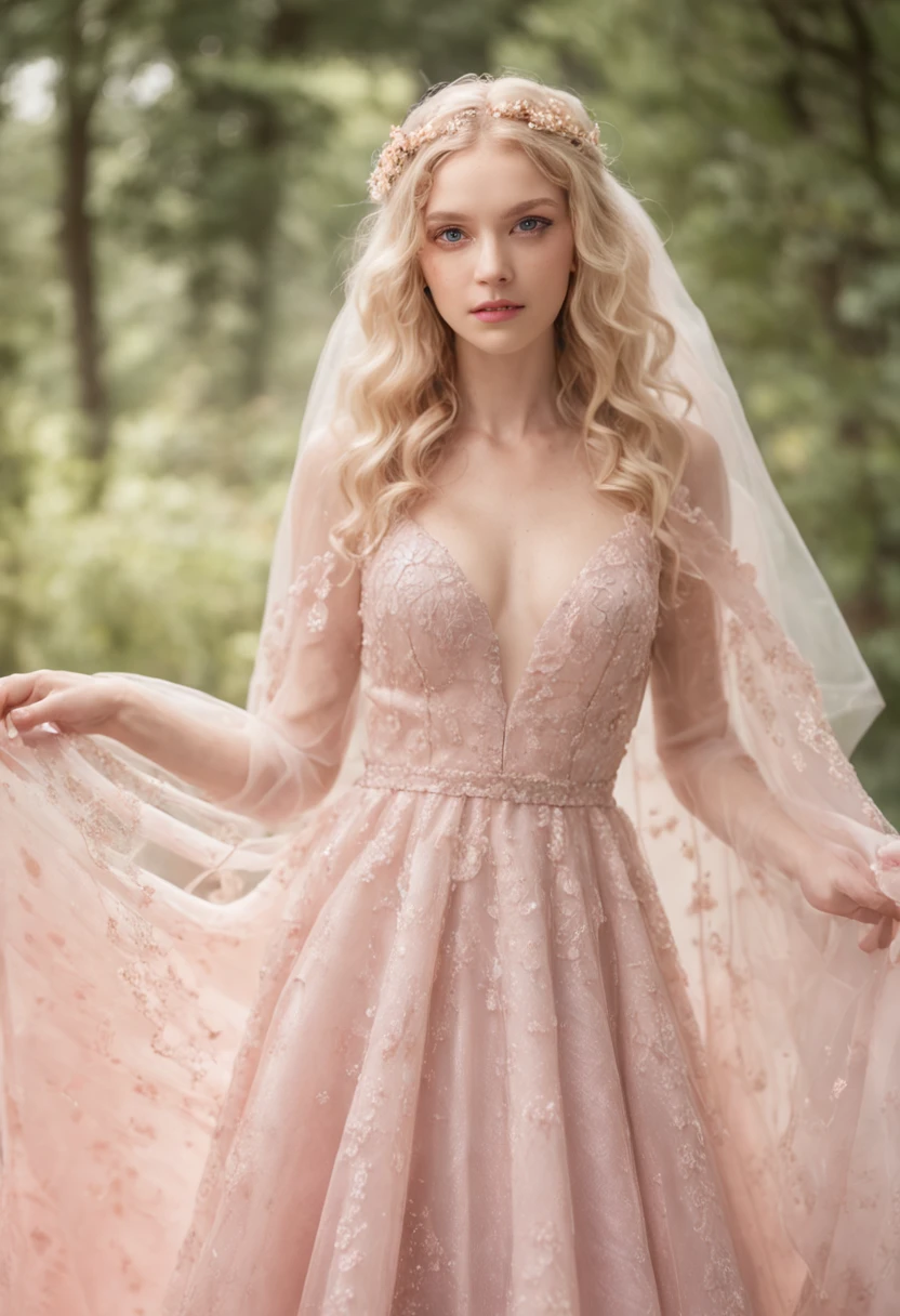 (Full body photograph of 1 very blonde girl with curly hair wedding dress with large transparent veil and pink color dress + suave e delicado + cabelos loiros)+(Vestido longo em cores brilhantes, Luz brilhante, Cabelo loiro longo e liso + Olhos brilhantes e acolhedores)+(pink petals + Brisa suave + with blue sky and white clouds + Bosques verdes e floridos)