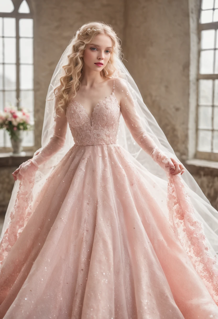 (Full body photograph of 1 very blonde girl with curly hair wedding dress with large transparent veil and pink color dress + suave e delicado + cabelos loiros)+(Vestido longo em cores brilhantes, Luz brilhante, Cabelo loiro longo e liso + Olhos brilhantes e acolhedores)+(pink petals + Brisa suave + with blue sky and white clouds + Bosques verdes e floridos)