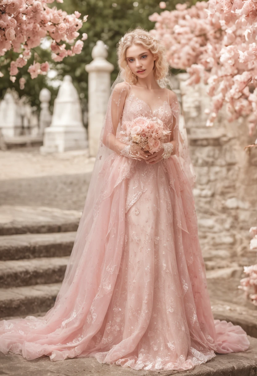 (Full body photograph of 1 very blonde girl with curly hair wedding dress with large transparent veil and pink color dress + suave e delicado + cabelos loiros)+(Vestido longo em cores brilhantes, Luz brilhante, Cabelo loiro longo e liso + Olhos brilhantes e acolhedores)+(pink petals + Brisa suave + with blue sky and white clouds + Bosques verdes e floridos)