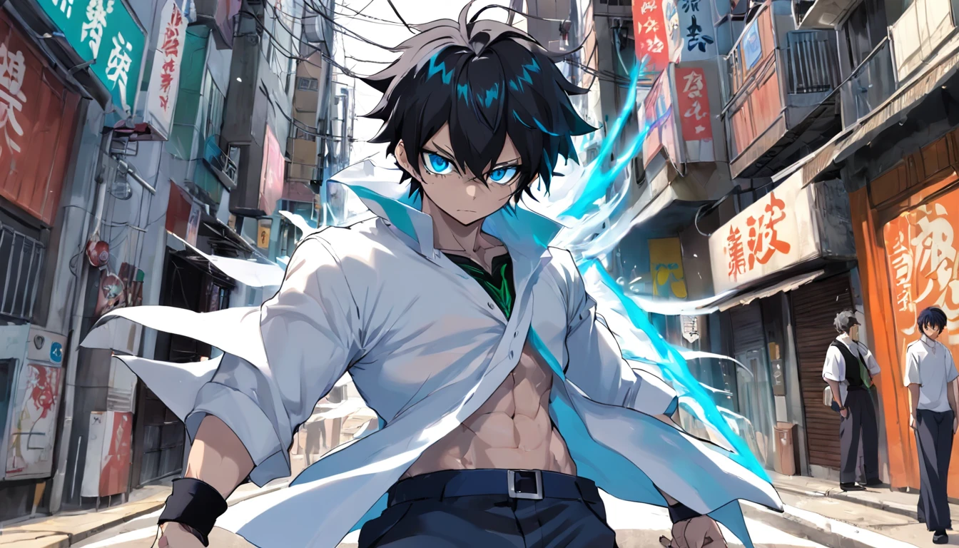 Em estilo de anime. Um menino alto de cabelo branco e com um olho azul e outro verde, com uma espada em suas costas, usa uma mascara preta em seu rosto, His outfit consists of a blue shirt and a white second skin shirt, His pants are white is in an alley in Japan, as luzes neons, reflexos de cores vivas, A hopeless dystopian climate