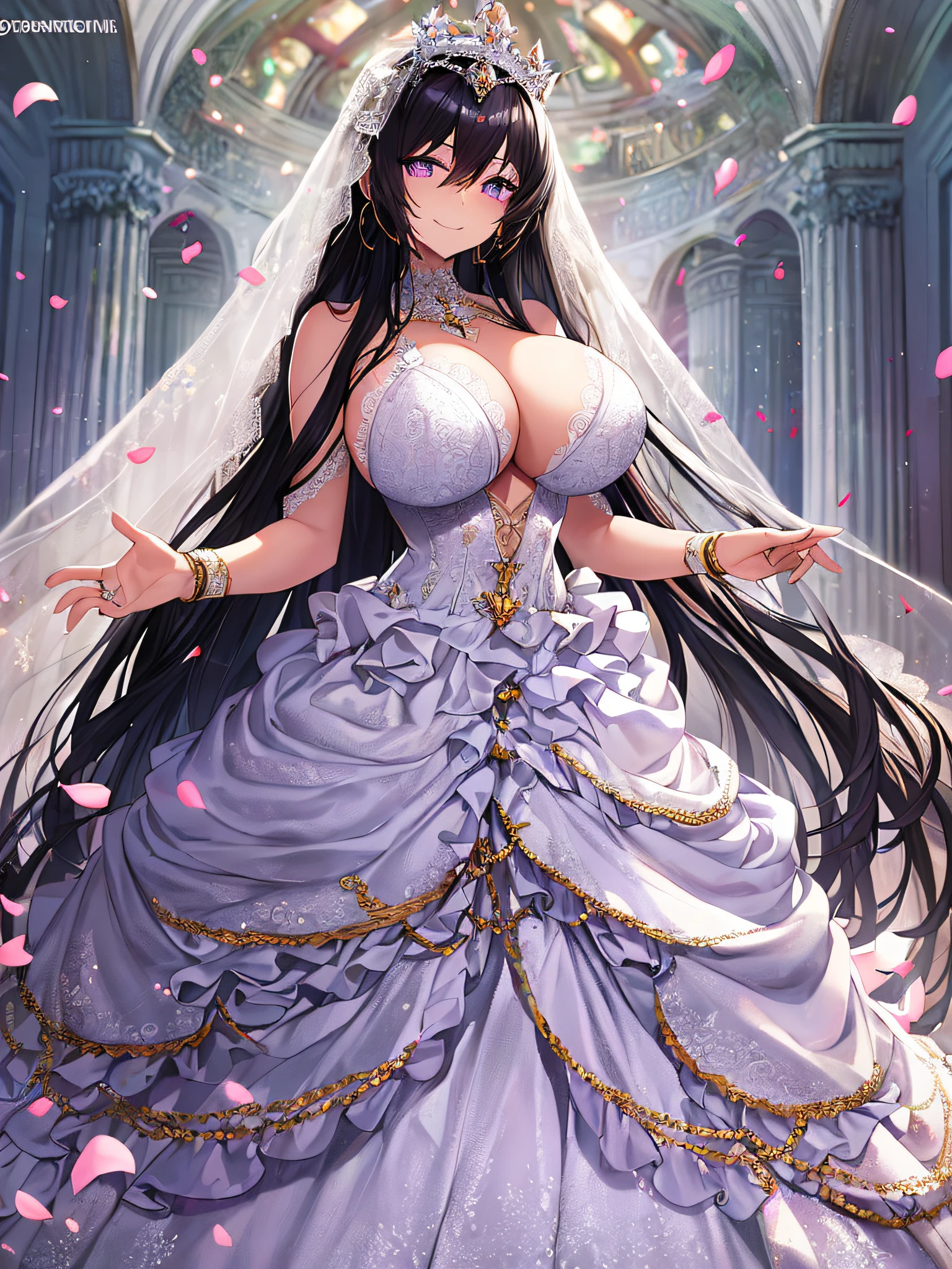 ((anime artstyle)),Masterpiece,Best Quality,Super Detail,Very Delicate and Beautiful,Solo,((full body)),((1 arrogant queen wearing gorgeous white ballgown wedding dress with voluminous crinoline hoop skirt)),voluminous frills and beautiful lace,((gigantic tits,skindentation)),jewel-like eyes,(((haughty smile))),((arrogant,haughty)),dominant pose,Sharp eyes,Purple eyes,(Beautiful detailed face and eyes),((Bangs between eyes,voluminous straight hair,extremely Long straight Hair)),black hair,gorgeous embroidery and lace,luxury hair ornament,extremely gorgeousfull jeweled tiara,long train,bling-bling gorgeous gemstone jewelry,long wedding veil,full body,standing in the sacred cathedral,white lily flowers,flower petals flowing,light particles,Sacred Light,((gorgeous white ballgown wedding dress with voluminous crinoline hoop skirt))