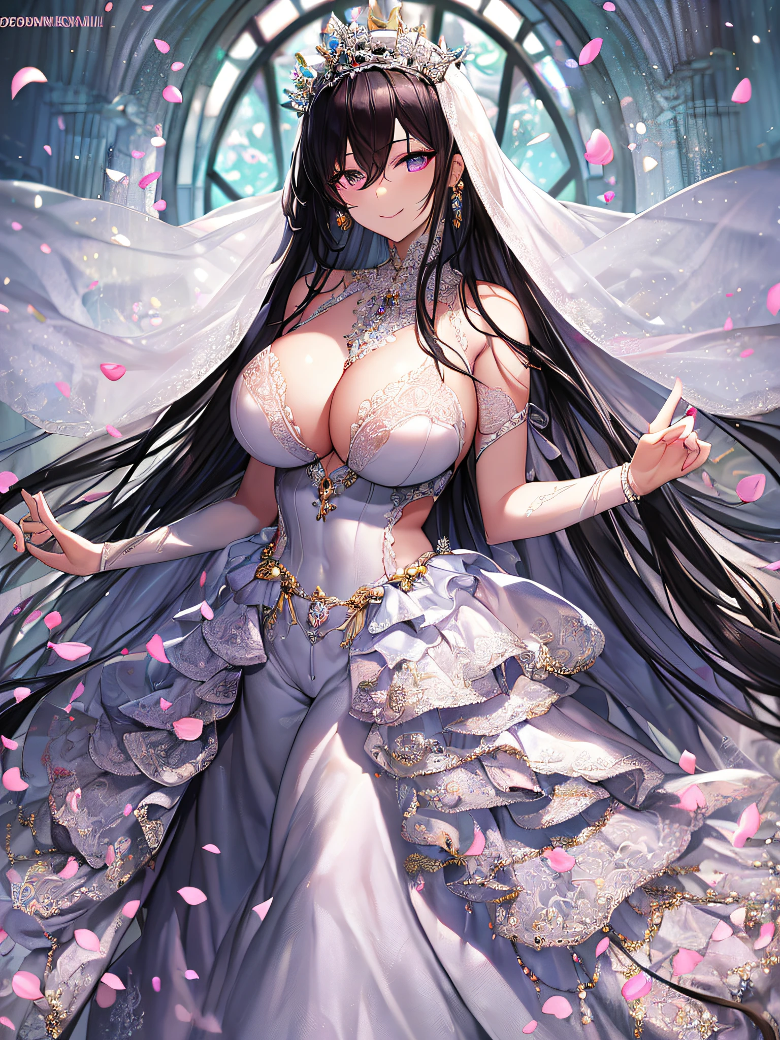 ((anime artstyle)),Masterpiece,Best Quality,Super Detail,Very Delicate and Beautiful,Solo,((full body)),((1 arrogant queen wearing gorgeous white ballgown wedding dress with voluminous crinoline hoop skirt)),voluminous frills and beautiful lace,((gigantic tits,skindentation)),jewel-like eyes,(((haughty smile))),((arrogant,haughty)),dominant pose,Sharp eyes,Purple eyes,(Beautiful detailed face and eyes),((Bangs between eyes,voluminous straight hair,extremely Long straight Hair)),black hair,gorgeous embroidery and lace,luxury hair ornament,extremely gorgeousfull jeweled tiara,long train,bling-bling gorgeous gemstone jewelry,long wedding veil,full body,standing in the sacred cathedral,white lily flowers,flower petals flowing,light particles,Sacred Light,((gorgeous white ballgown wedding dress with voluminous crinoline hoop skirt))
