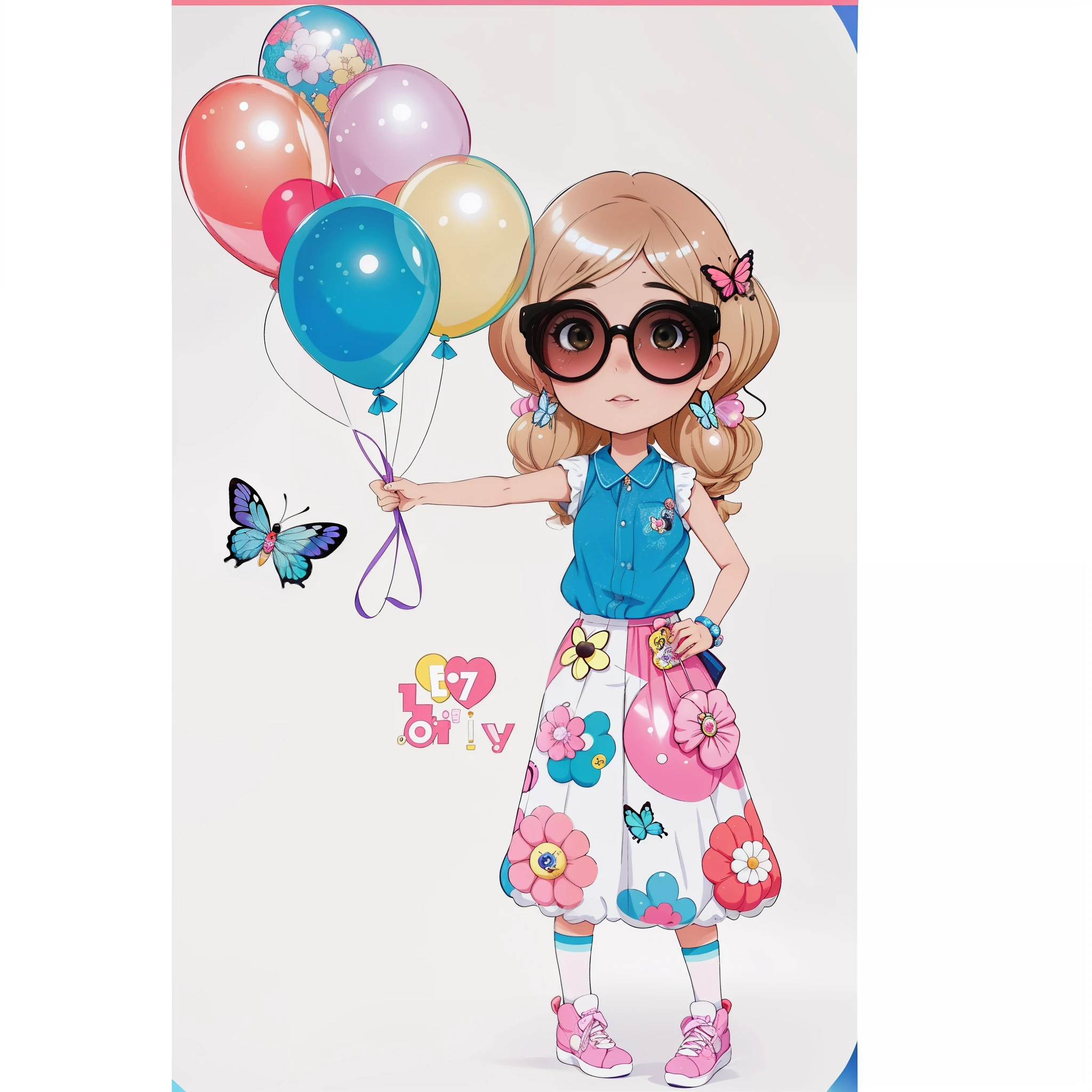 Cartoon girl with sunglasses holding balloons and a butterfly, arte fofa, Directed by: Oka Yasutomo, balloon, por Cicely Hey, Globos, bonito, party balloons, caprichoso e Pescador, Directed by: Yuki Ogura, ilustrado em estilo caprichoso, mixed media style illustration, Belo estilo de arte, fashionista, beautiful young lady, Globos, Pescador:2, Directed by: Yuko Tatsushima