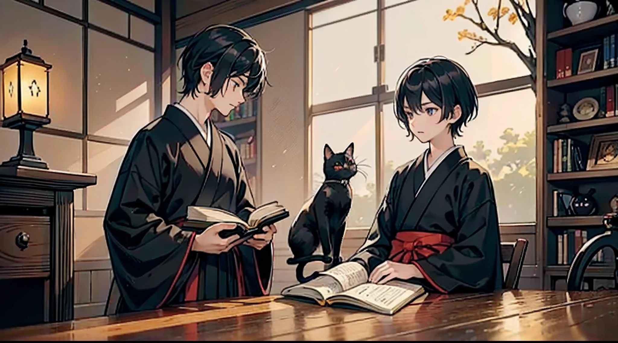#Quality (intricate-detail、ultra-detailliert:1.2,Masterpiece),
#night sky (darkness of night,no light),
#one writing boy (16 male、Honor Students、A dark-haired、short-hair、hakama,sit flat),
#black room at night (no light,black cat,wooden low table,one candle,pretty tatami,a lot of books,bookshelf)
