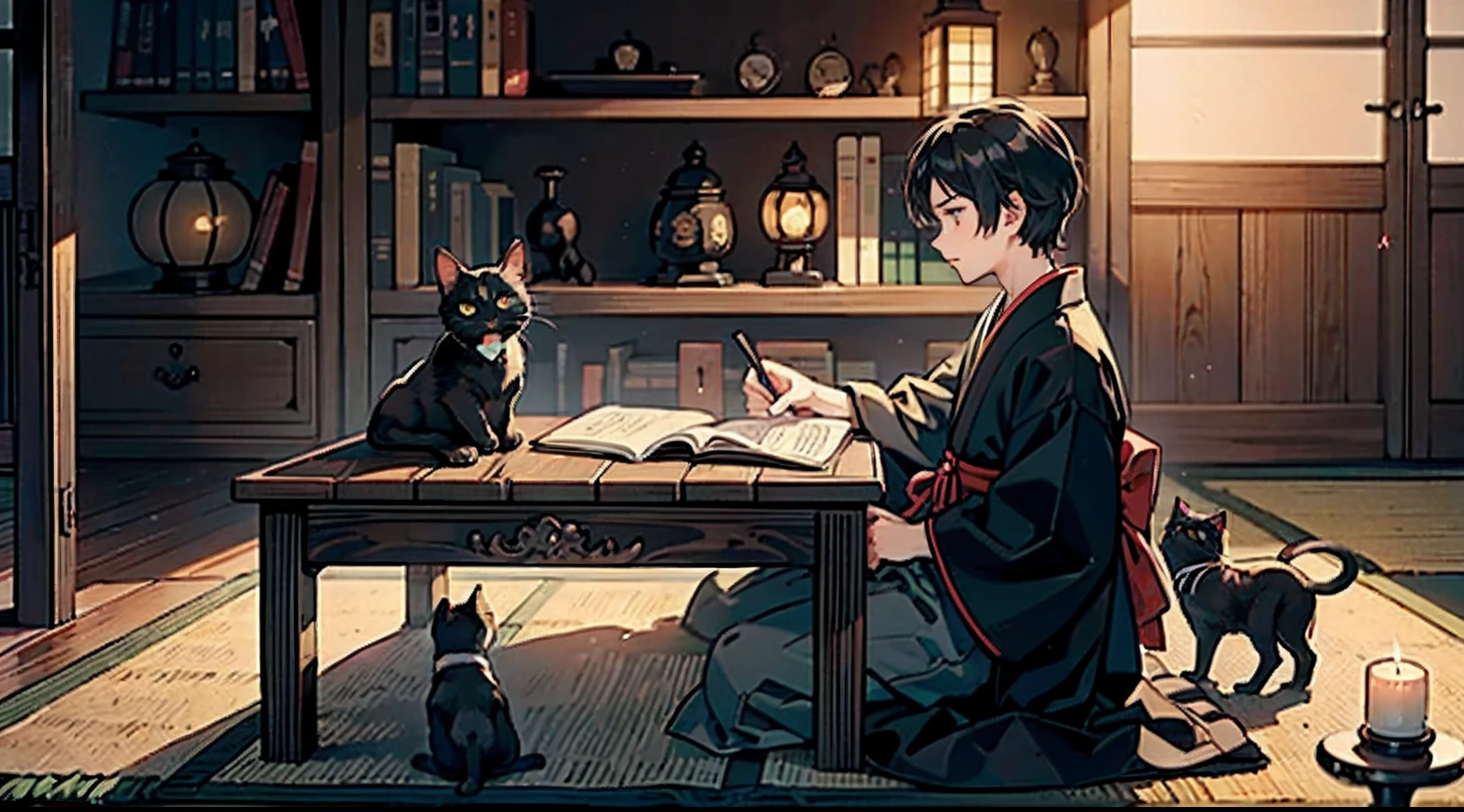 #Quality (intricate-detail、ultra-detailliert:1.2,Masterpiece),
#night sky (darkness of night,no light),
#one writing boy ( male、Honor Students、A dark-haired、short-hair、hakama,sit flat),
#black room at night (no light,black cat,wooden low table,one candle,pretty tatami,a lot of books,bookshelf)