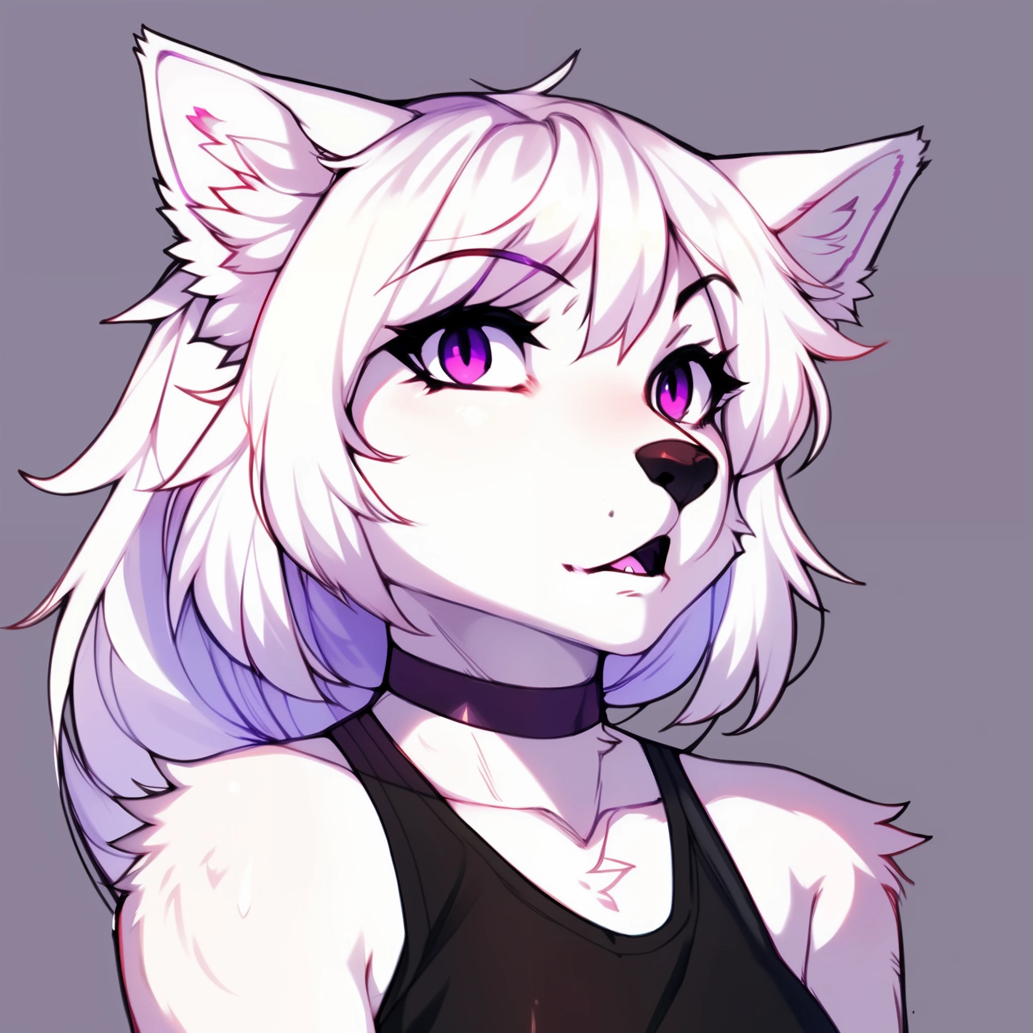 Solo, a female white wolf, feminine, long white hair, purple eyes, black nose, cute snout, white wolf tail, white fluffy ears, wearing black tank top, purple eyes, purple mascara, mouth open, raised eyebrows, by hyattlen, by claweddrip, by fumiko, high quality, Pog