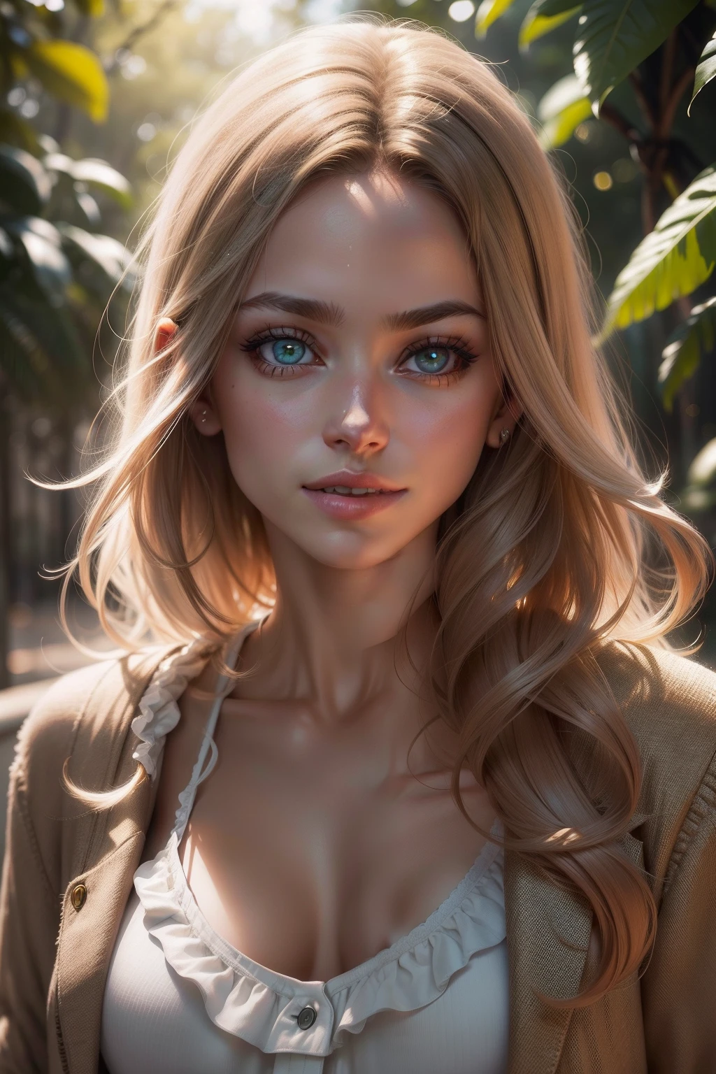 uma foto realista da mulher, cabelos longos, Olhando para o Viewer, olhos verdes, coat hairs, brown hair, sorrindo, dente, cabelo sobre um olho, lips, Realistic, camisa branca, brincos brilhantes, fundo jardim, sun a soft illumination, fotografia profissional, fotorrealista, Olhos detalhados, .RAW, analogue, foco nítido, 8k, disco Rigido, DSLR, alta qualidade, Fujifilm XT3, filmic grain, Premiado, master part